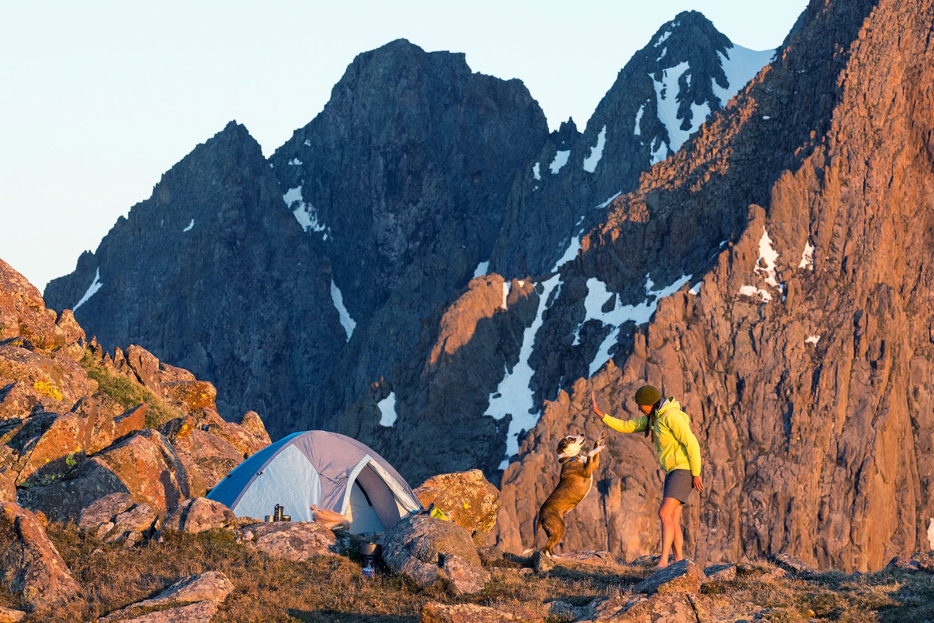 a camper with her dog on Blaine Peak, Colorado