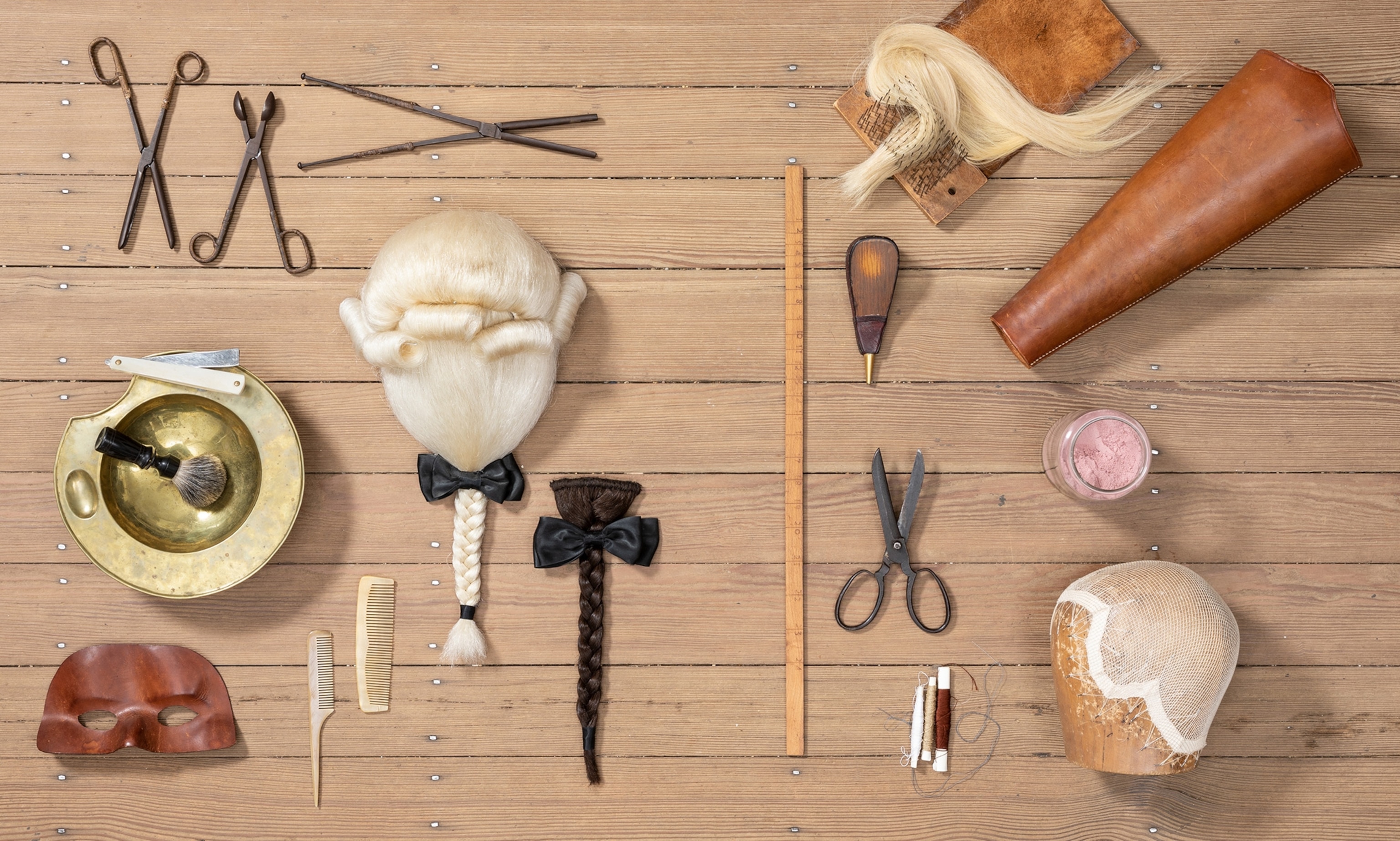Picture of tools arranged on wooden tabletop