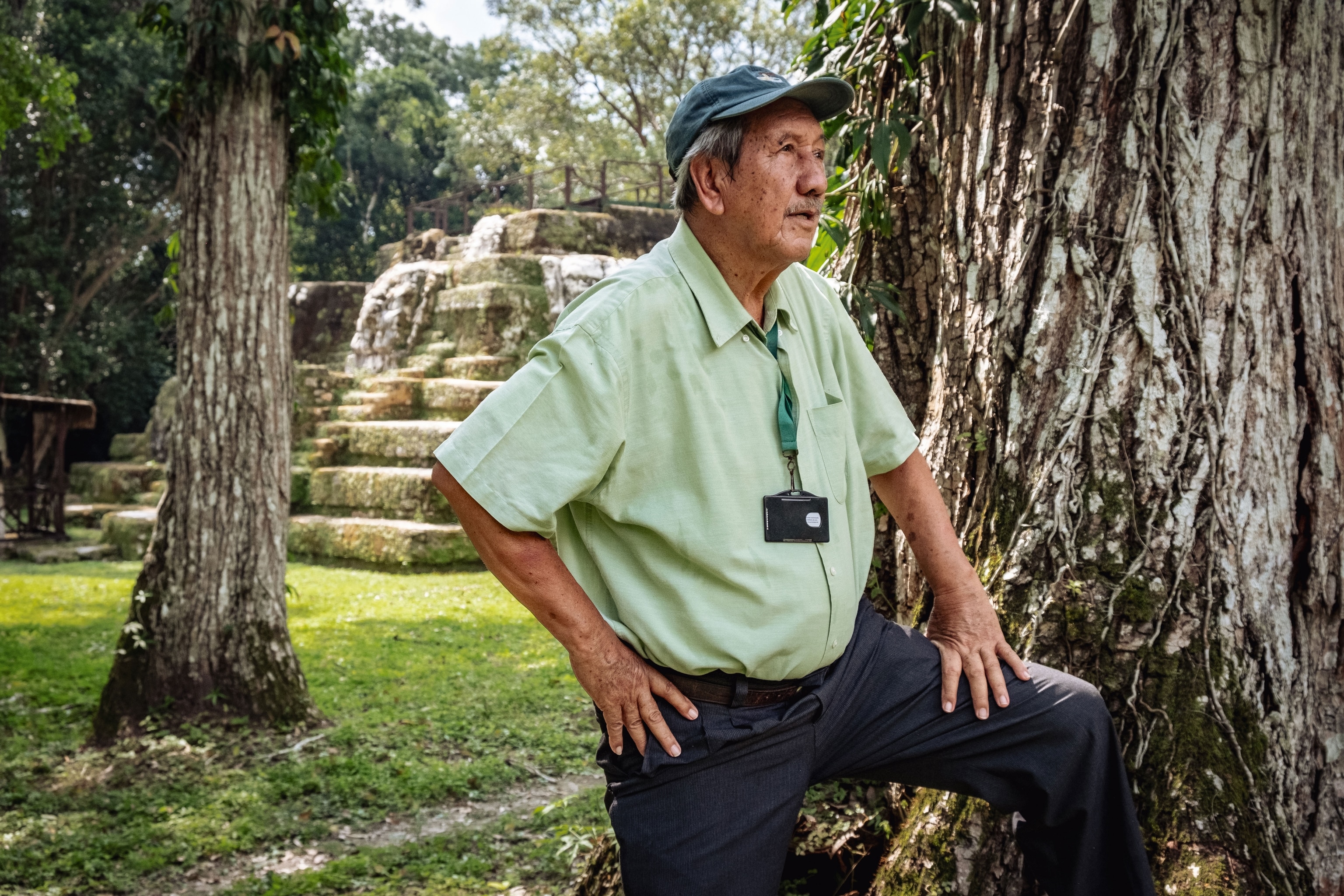 Guide Eulogio López 'Locho' Garcia in front of Uaxactún’s Temple of the Masks.