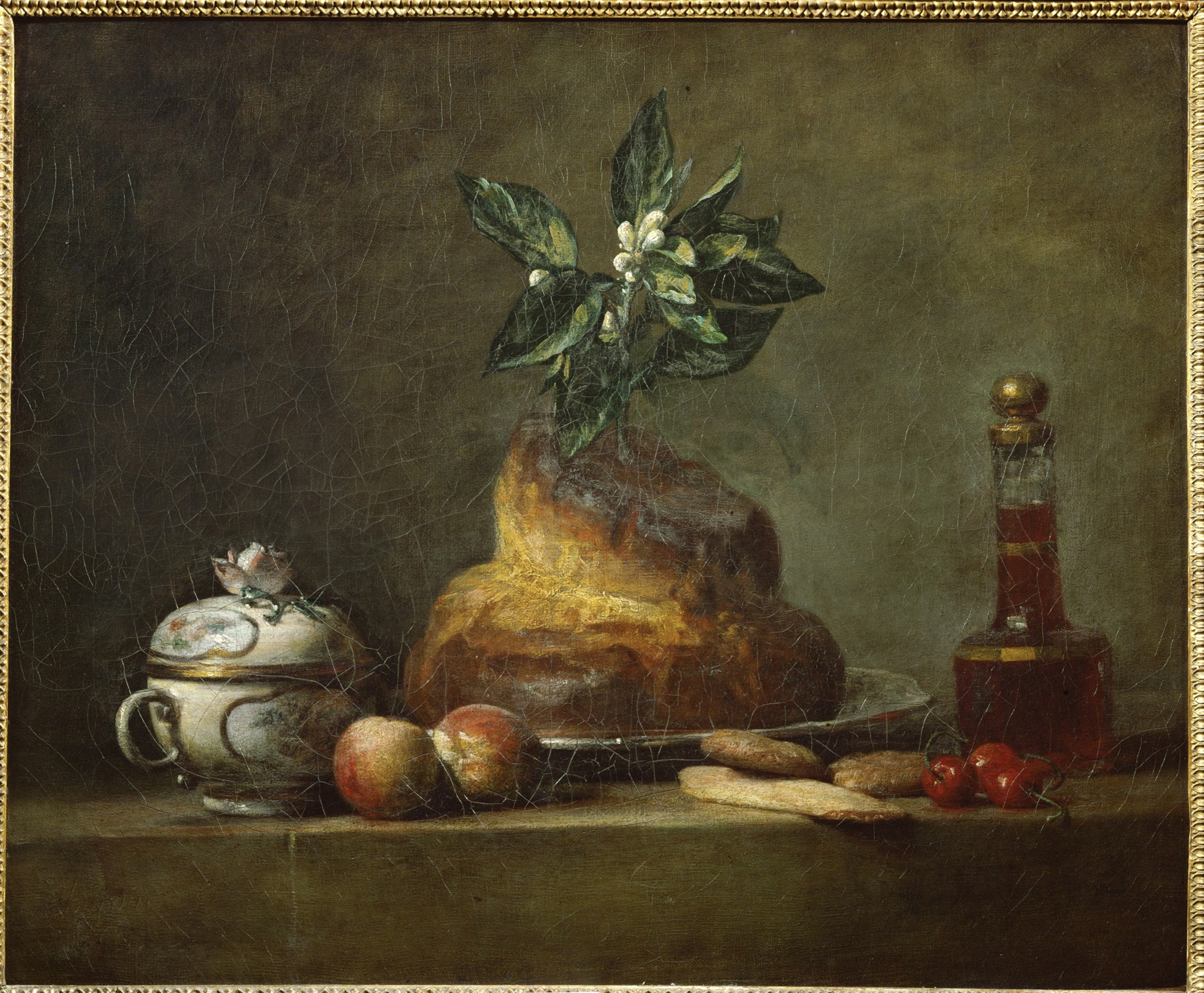 A still life painting shows a large brioche on a serving platter with a small few fruits, vegetables, and other fancy dish ware around it.