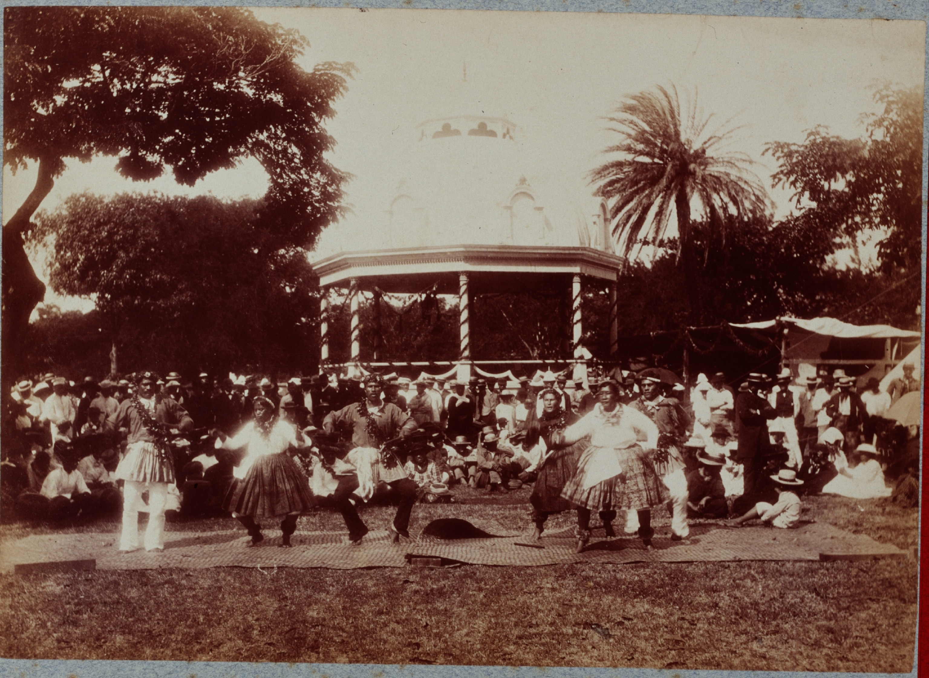 Male Hawaiian hula dancers, dancing at the King's palace