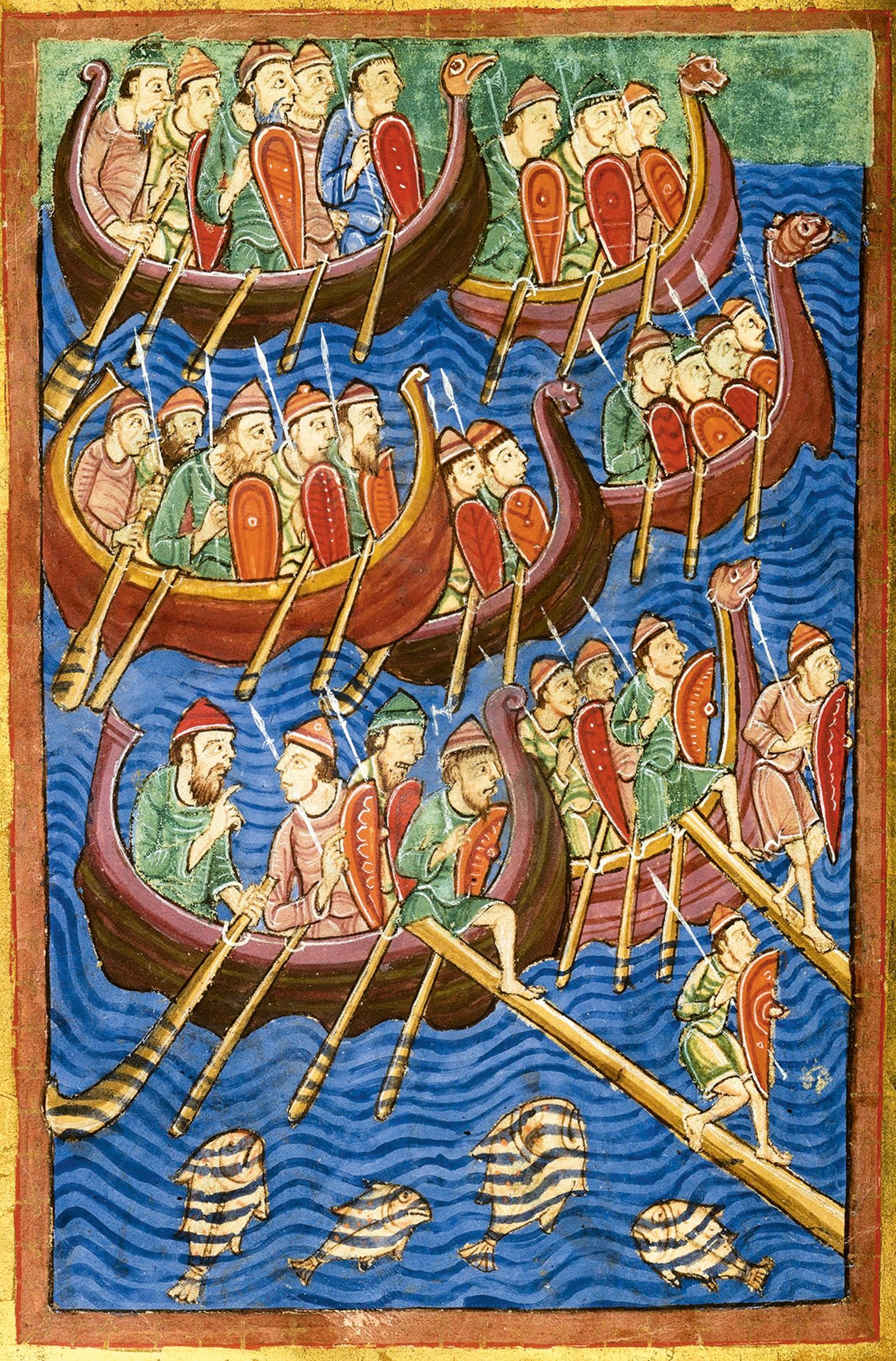 A Viking party prepares to raid England in a miniature from a 12th-century work on St. Edmund, now at The Morgan Library & Museum in New York.