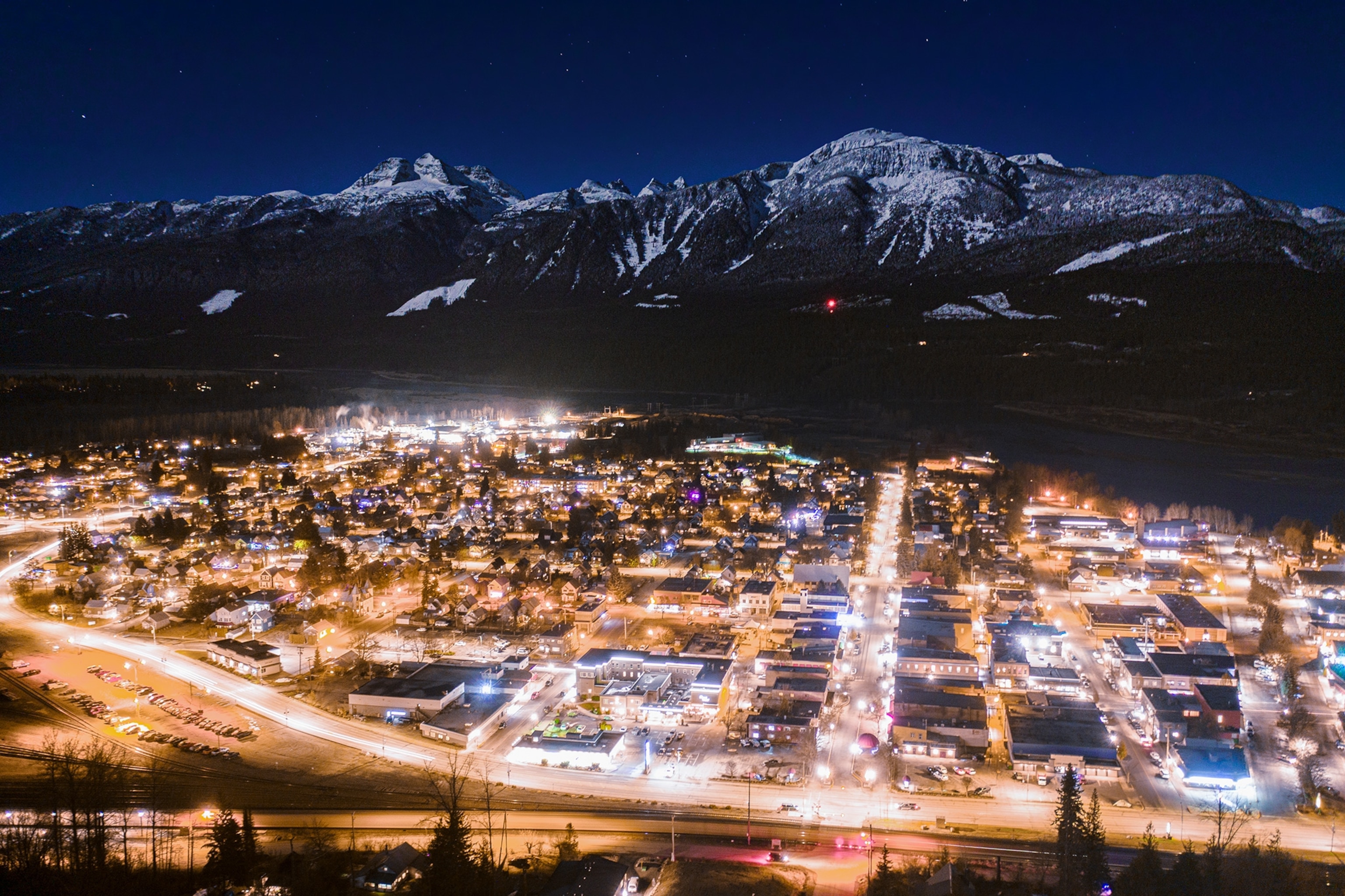 The town of Revelstoke, B.C. at night from above.