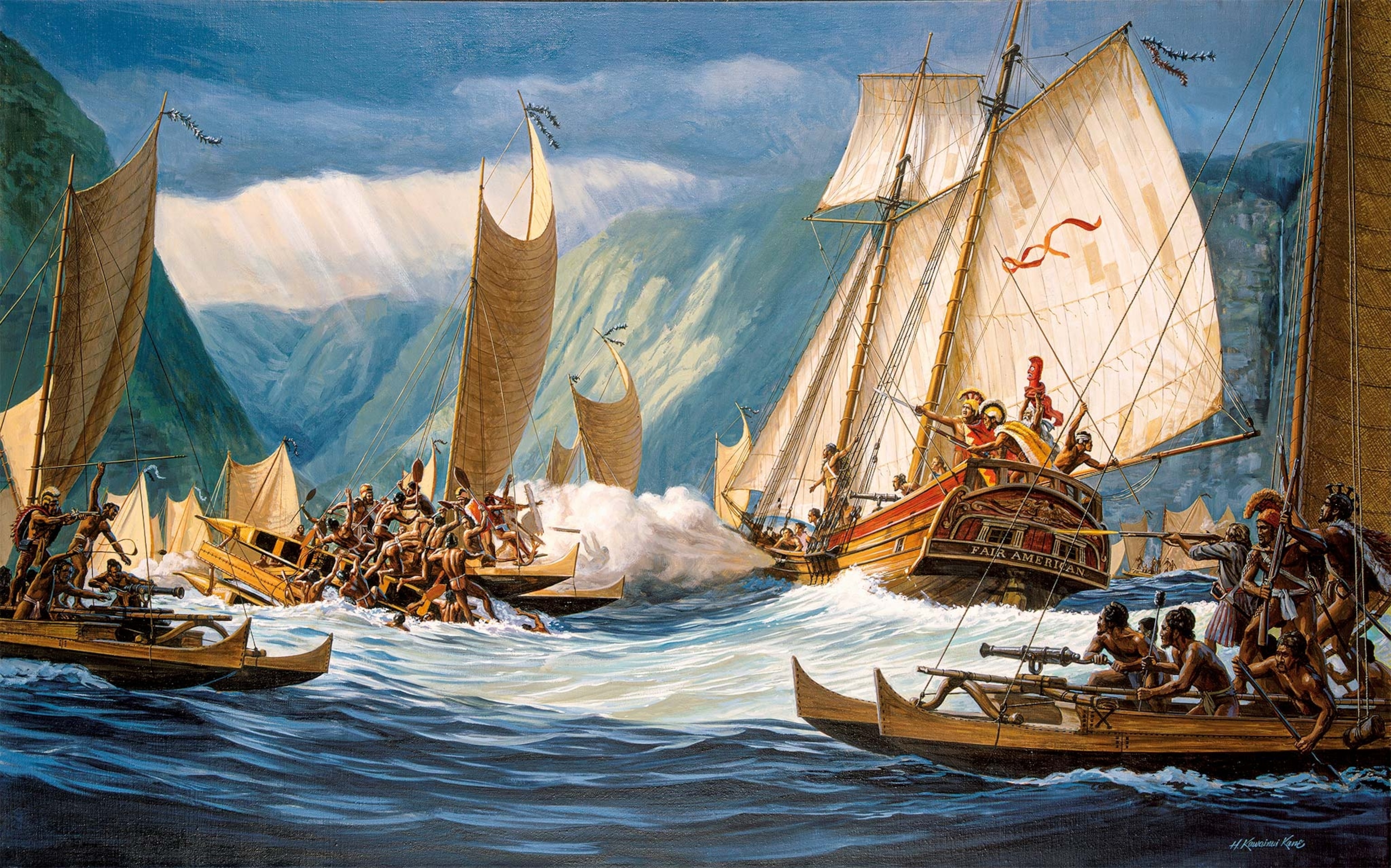 Kamehameha leads from the deck of the Fair American in Hawaiian artist Herb Kawainui Kāne’s depiction of the 1791 Battle of Kepuwaha‘ula‘ula
