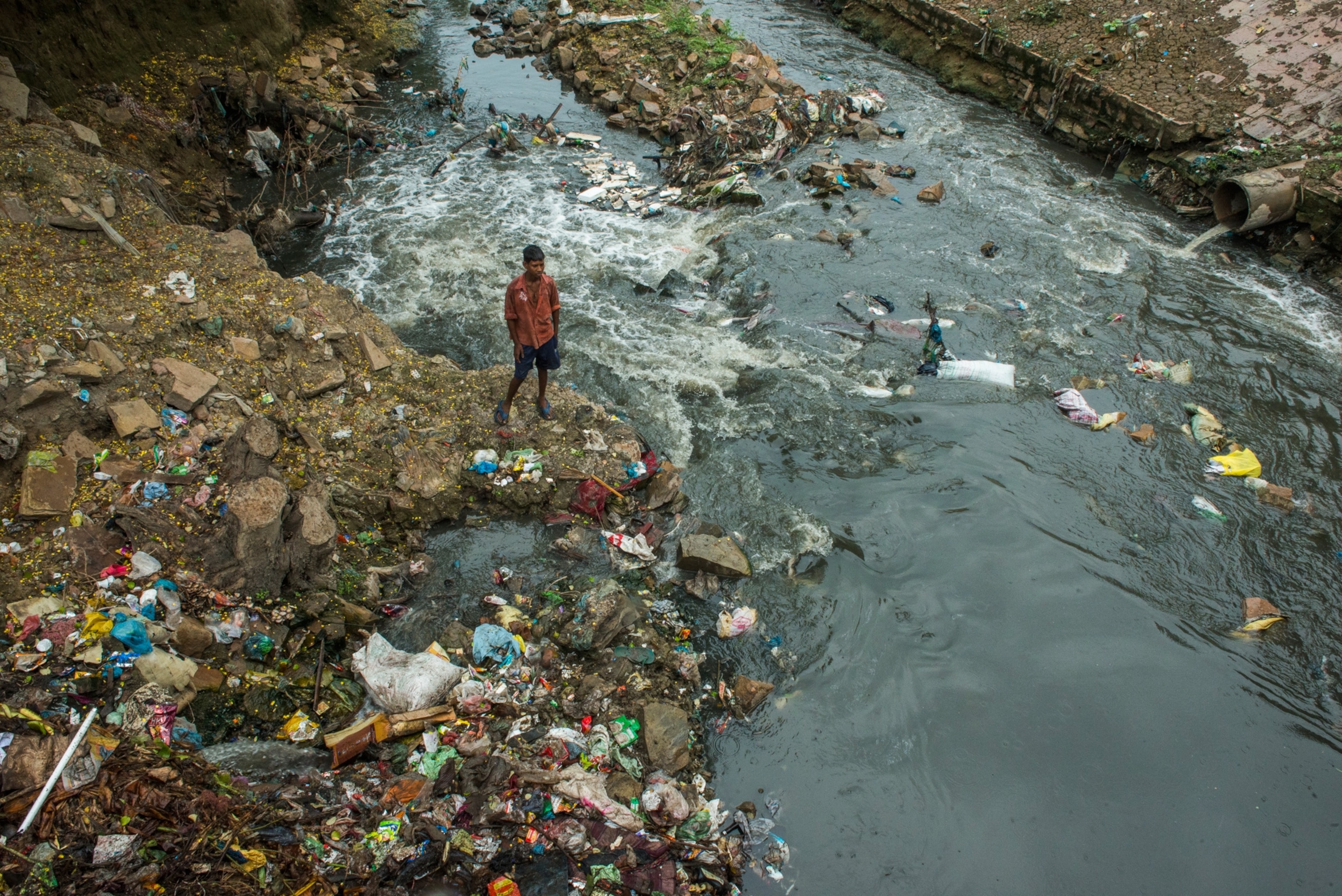garbage along the waterfront in Varanasi, India