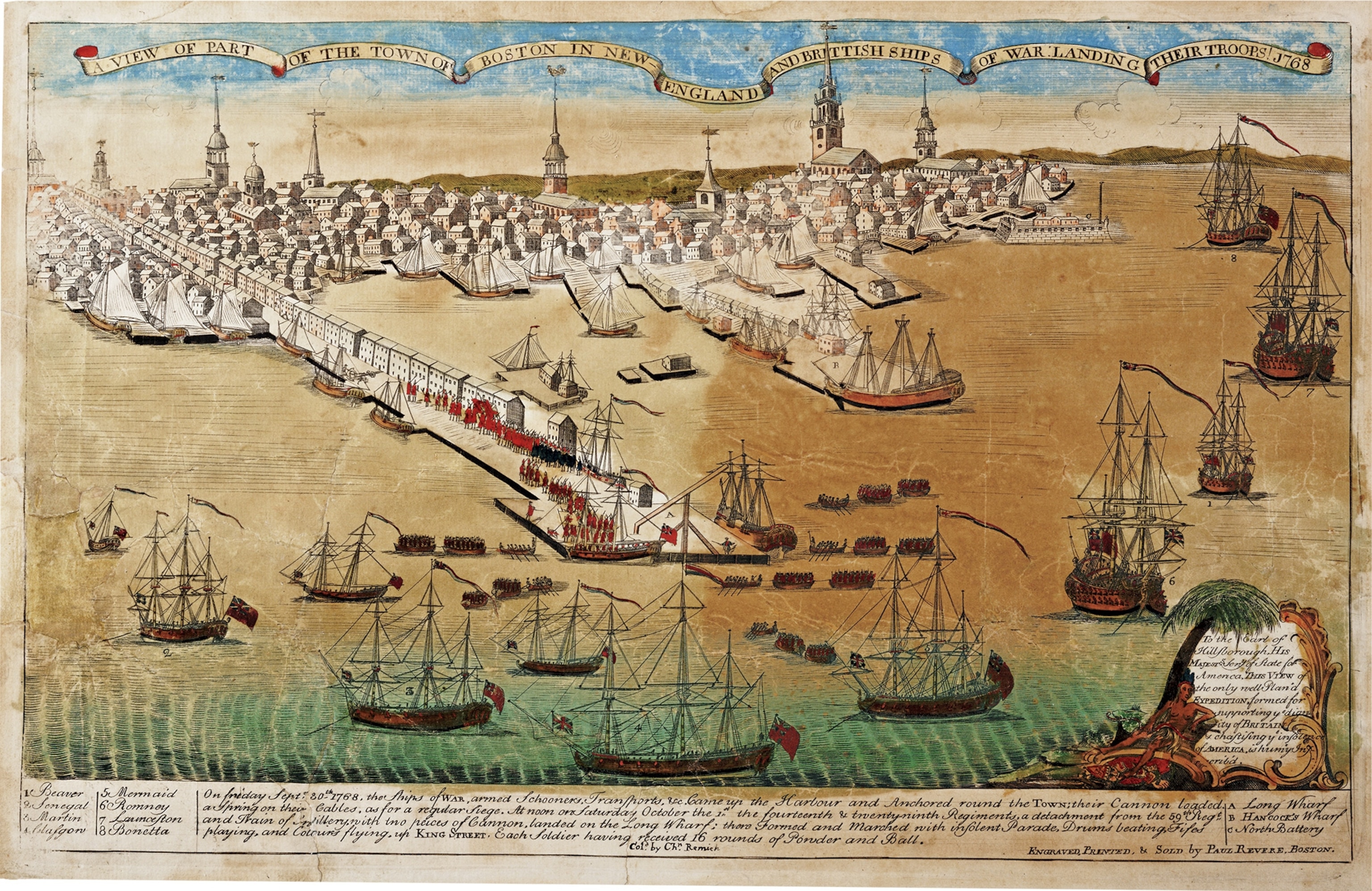 "A View of Part of the Town of Boston in New-England and British Ships of War Landing Their Troops!” is a 1768 propaganda engraving by patriot Paul Revere.