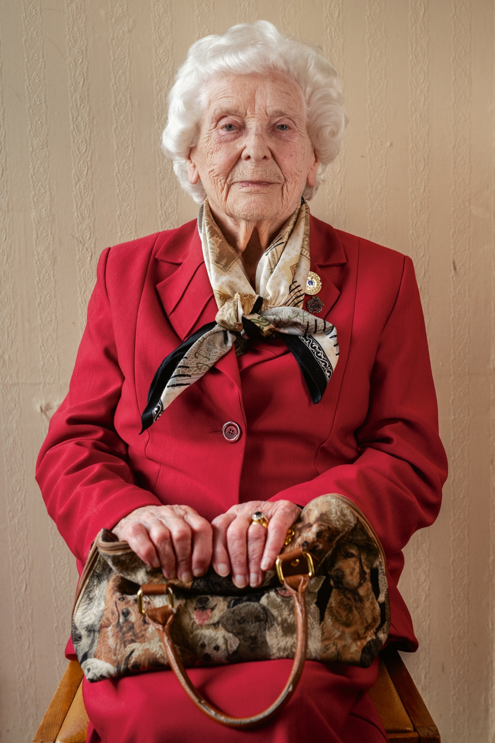 a woman wearing a red skirt suit holding a bag covered in portraits