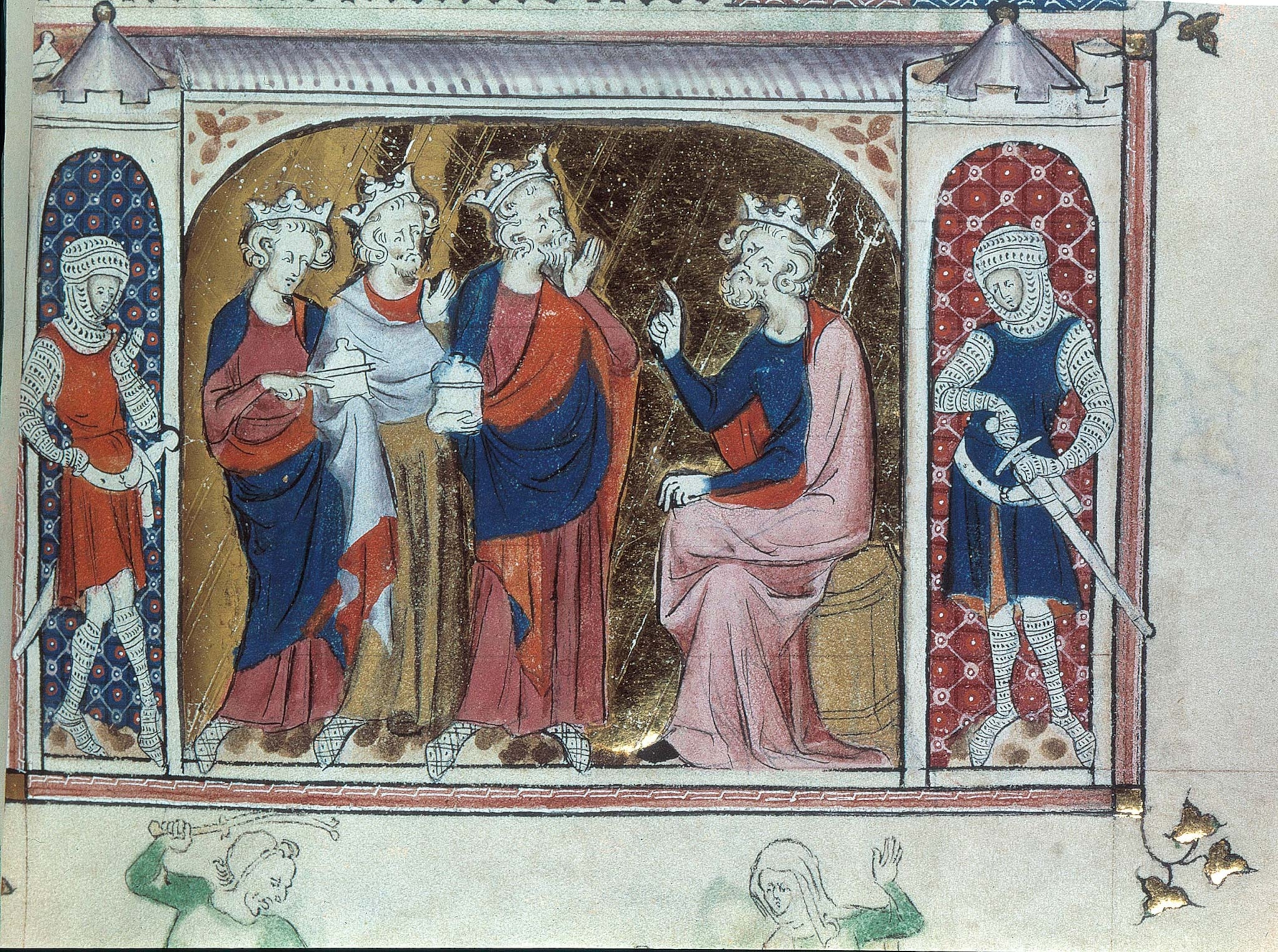 The meeting between the three magi and Herod, depicted in the 14th-century Queen Mary Psalter.
