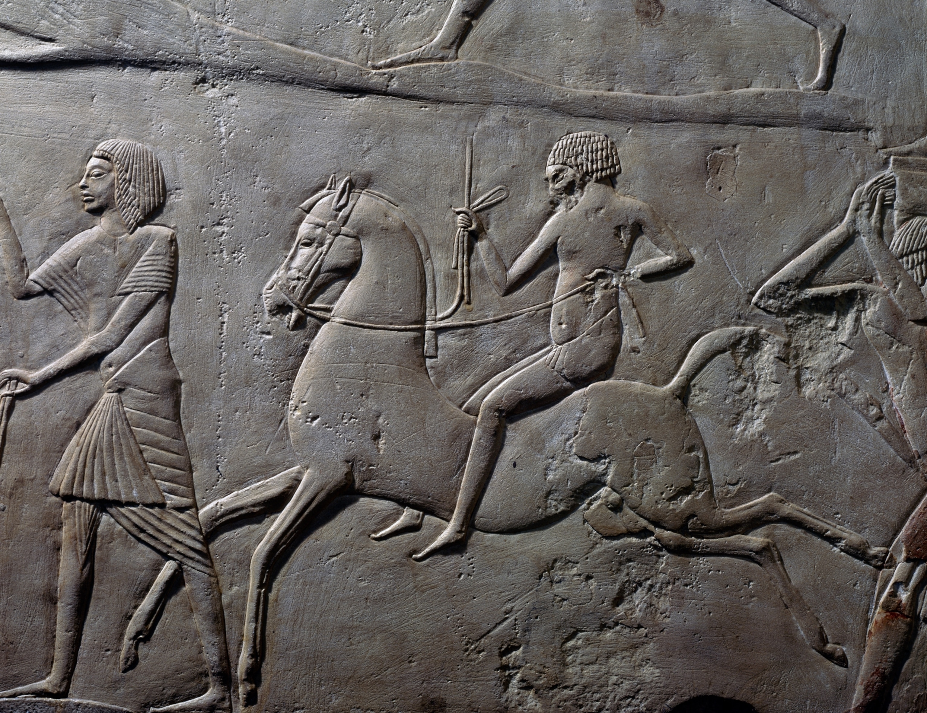 A limestone relief from ancient Egypt depicting a messenger riding horseback.