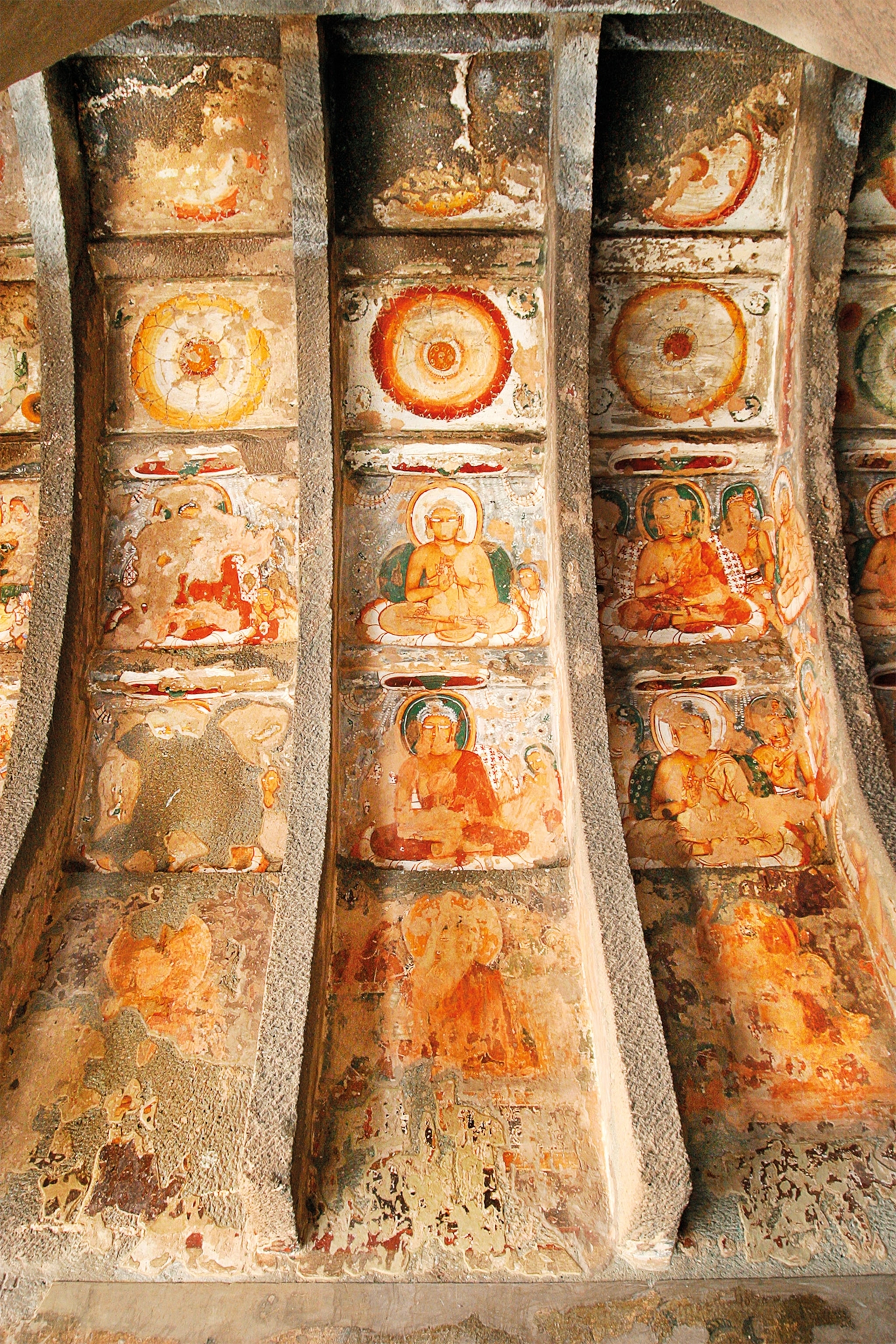 Buddhas and bodhisattvas adorn the ceiling of Cave 10, one of the oldest at Ajanta.