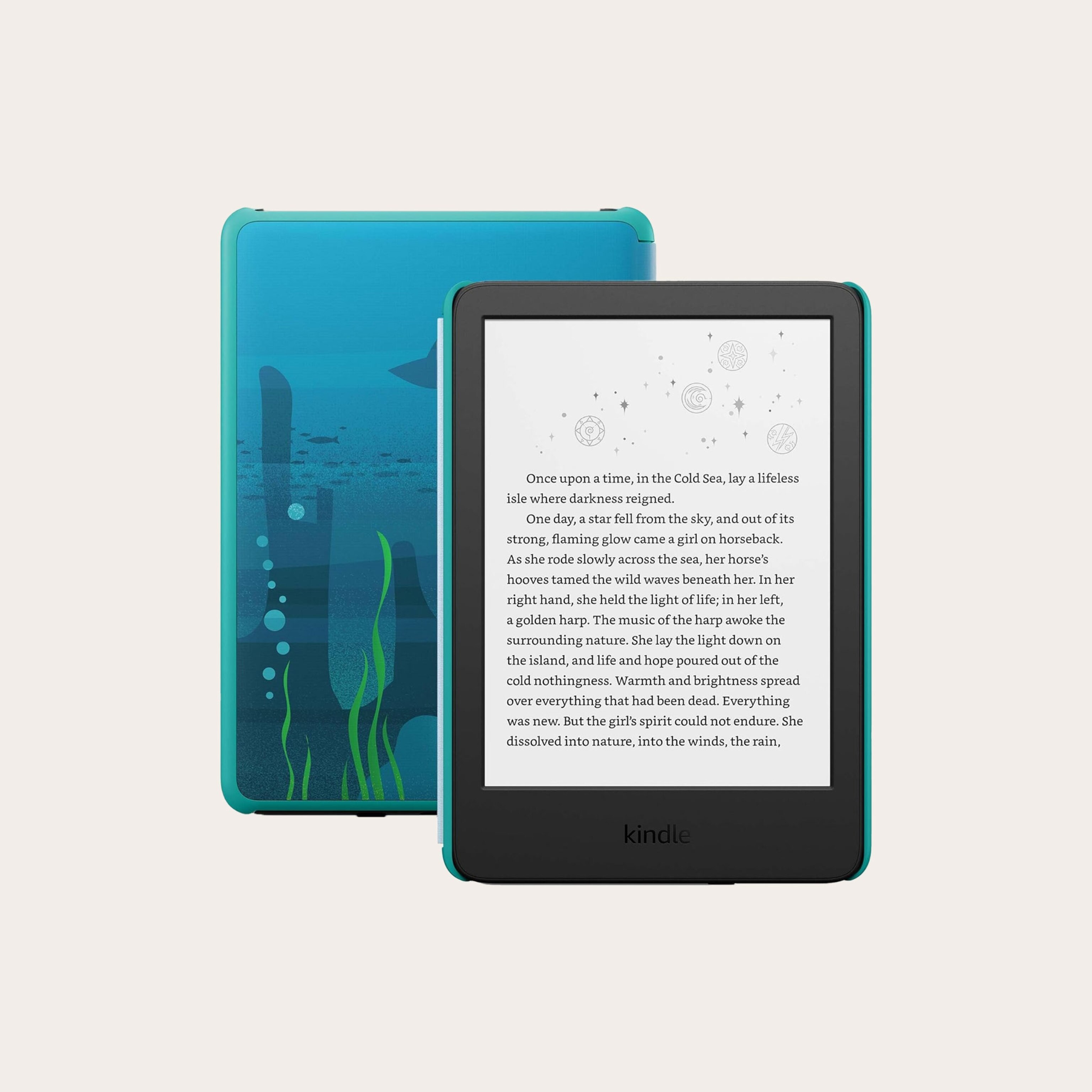 Digital tablet for reading with ocean illustration on the back.