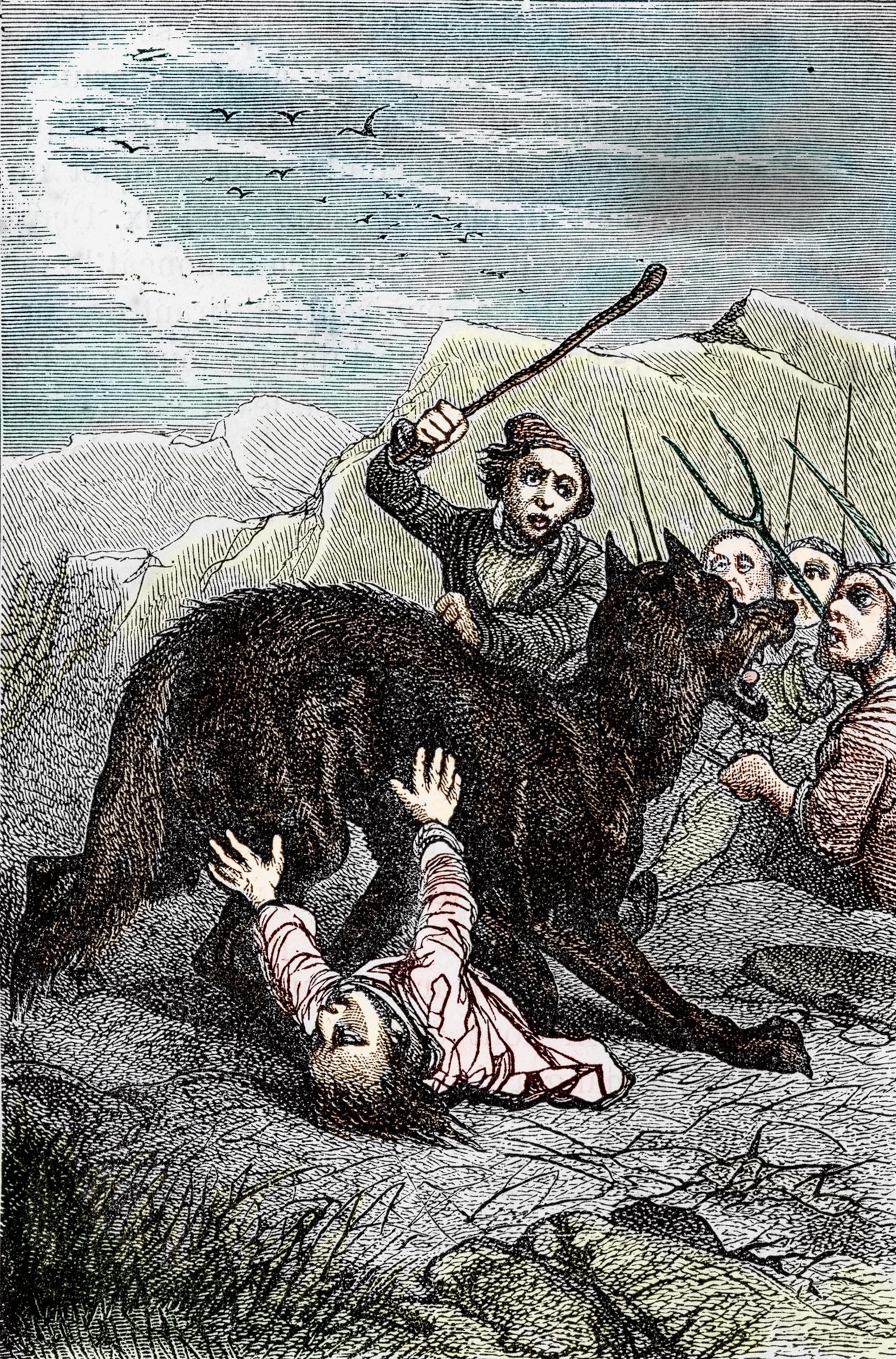 A werewolf-type creature attacking a man is portrayed in an 1884 engraving from "Les animaux historiques" by Fournier.