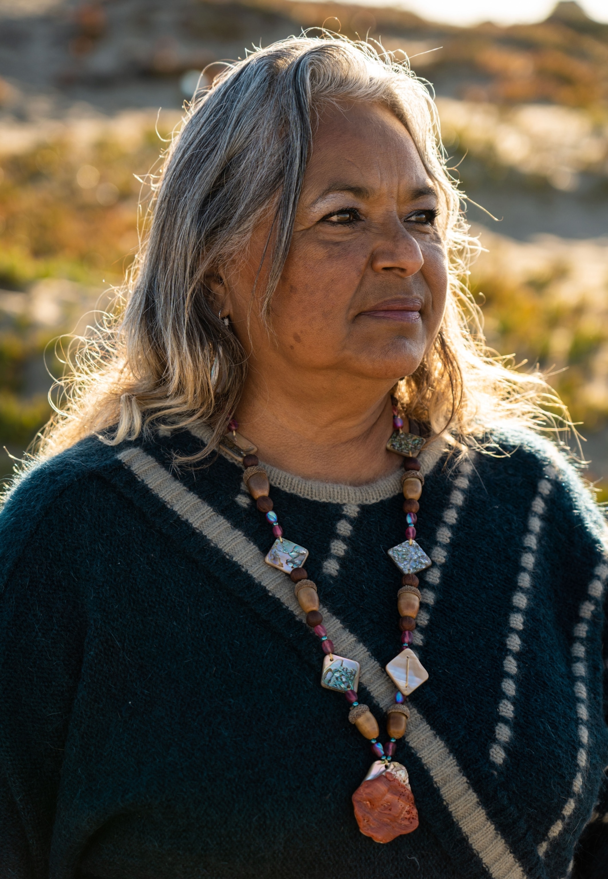 a Chumash elder and Tribal Chair of the Barbareño/Ventureño Band of Mission Indians, stands along the shores of Ventura, CA,
