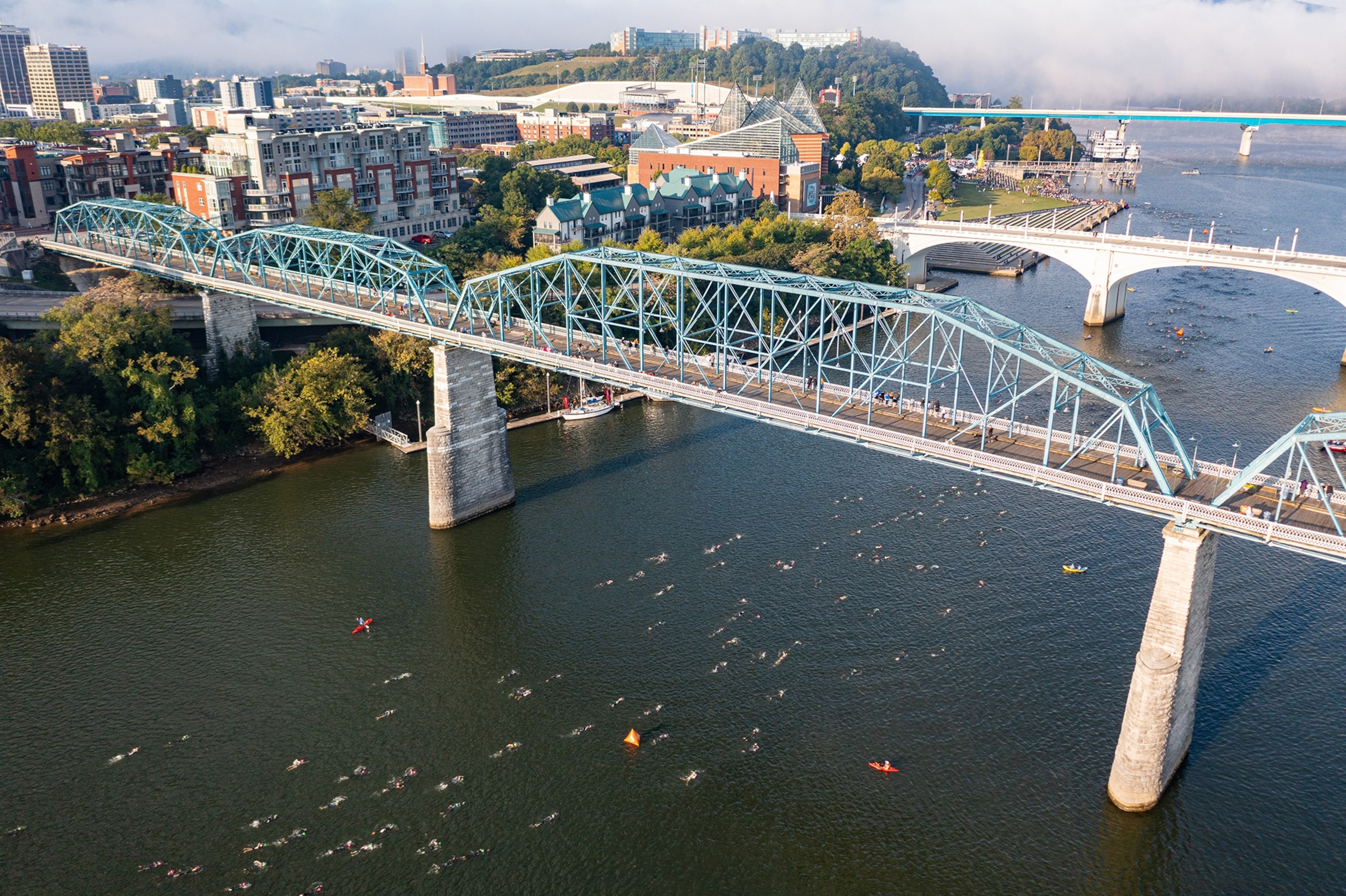 Athletes compete in the swim portion of an Ironman in Chattanooga, Tennessee.