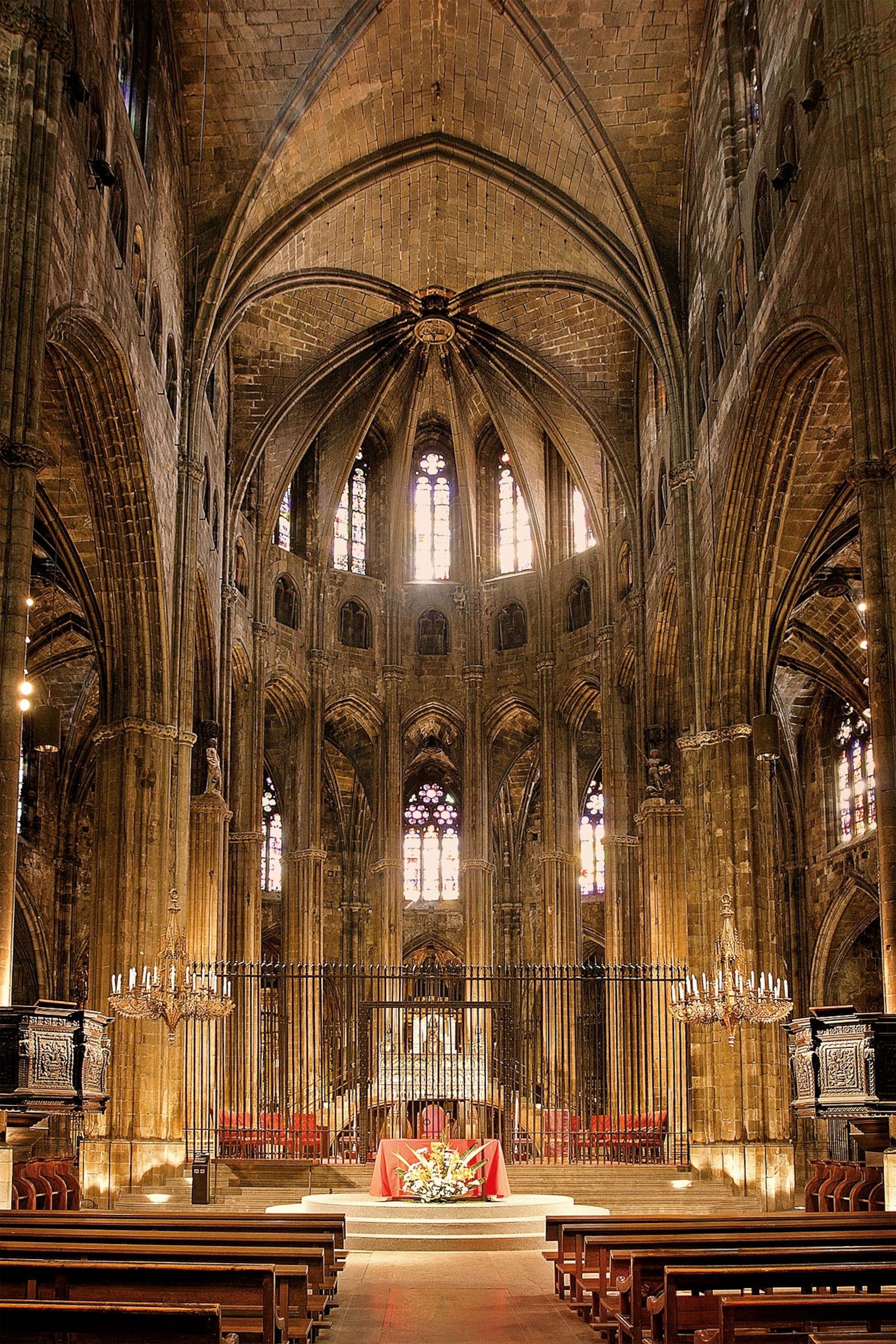 The wide nave with an altar at Girona Cathedral