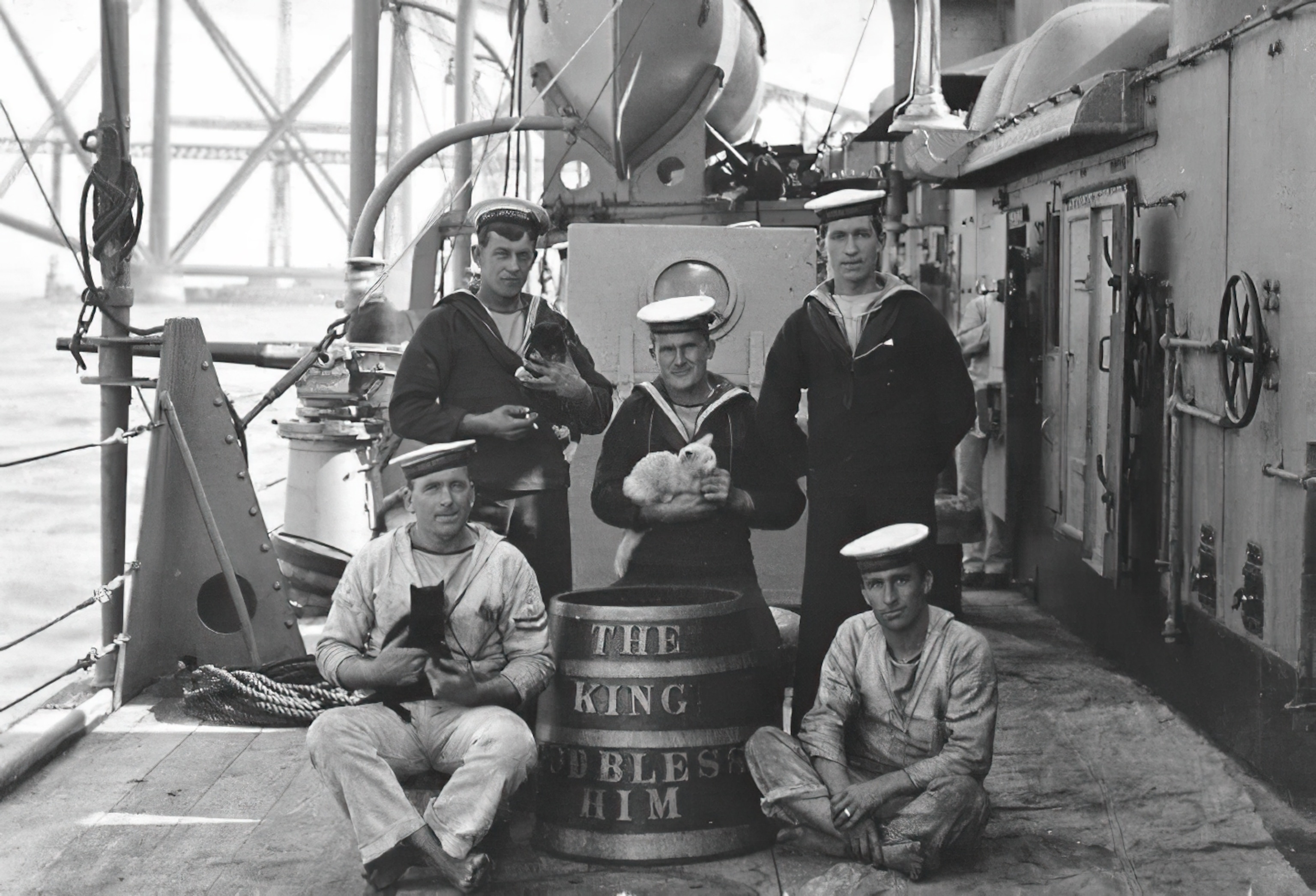 Photo of group of sailors posed on deck with cats