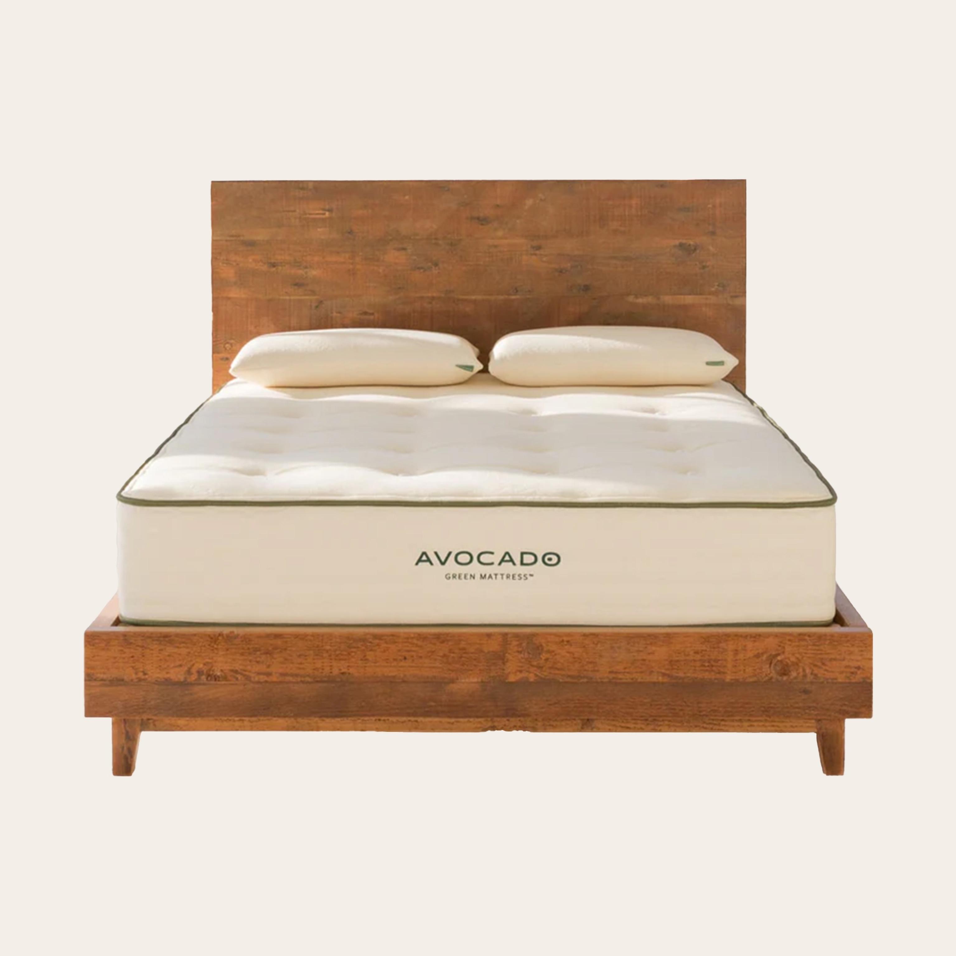 A brown wooden bed with a bear mattress; against a tan background.