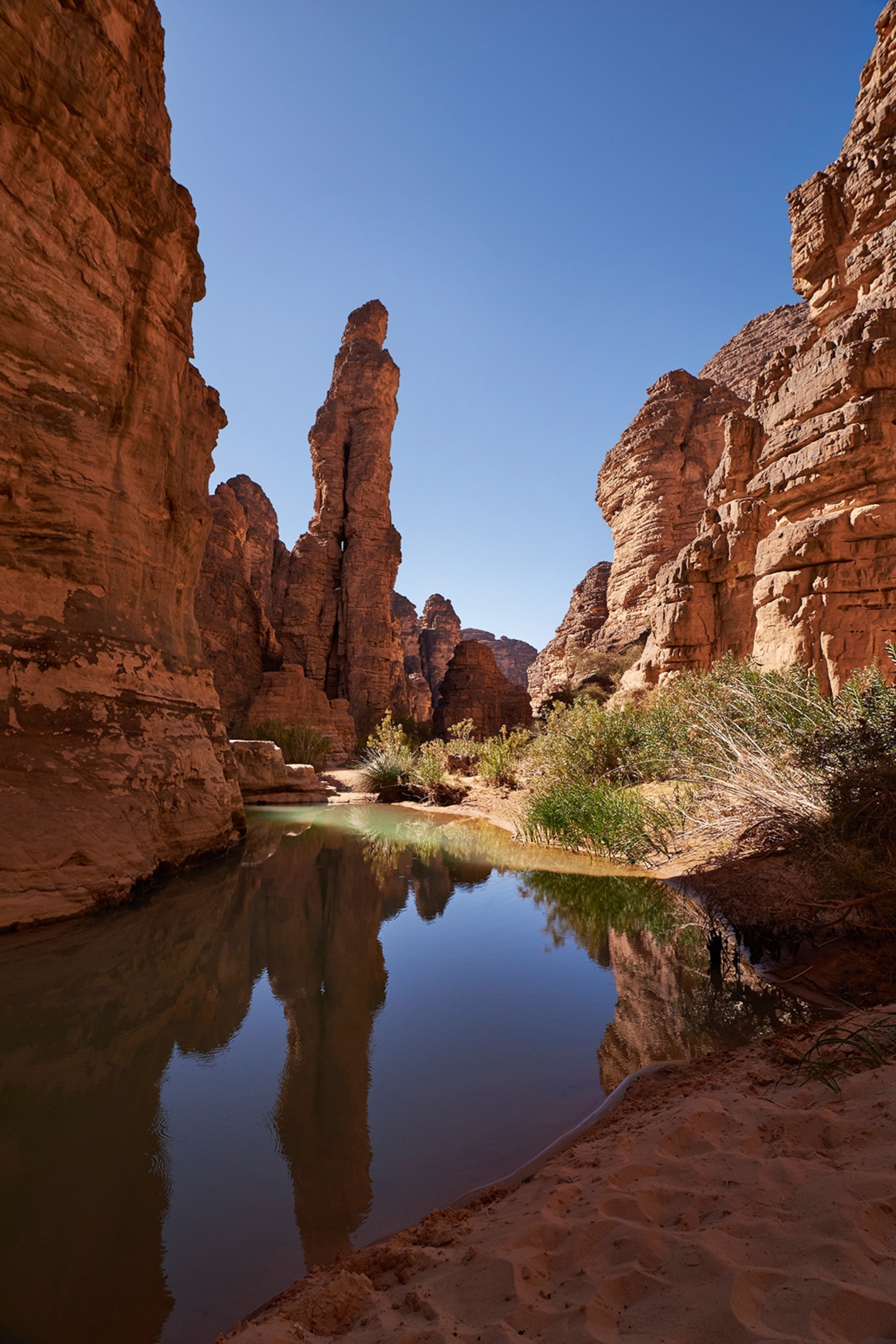 A picture of a dessert with red rock formations in Algeria. A shallow body of water has settled between the rocks, likely one of the few water bodies in the area.