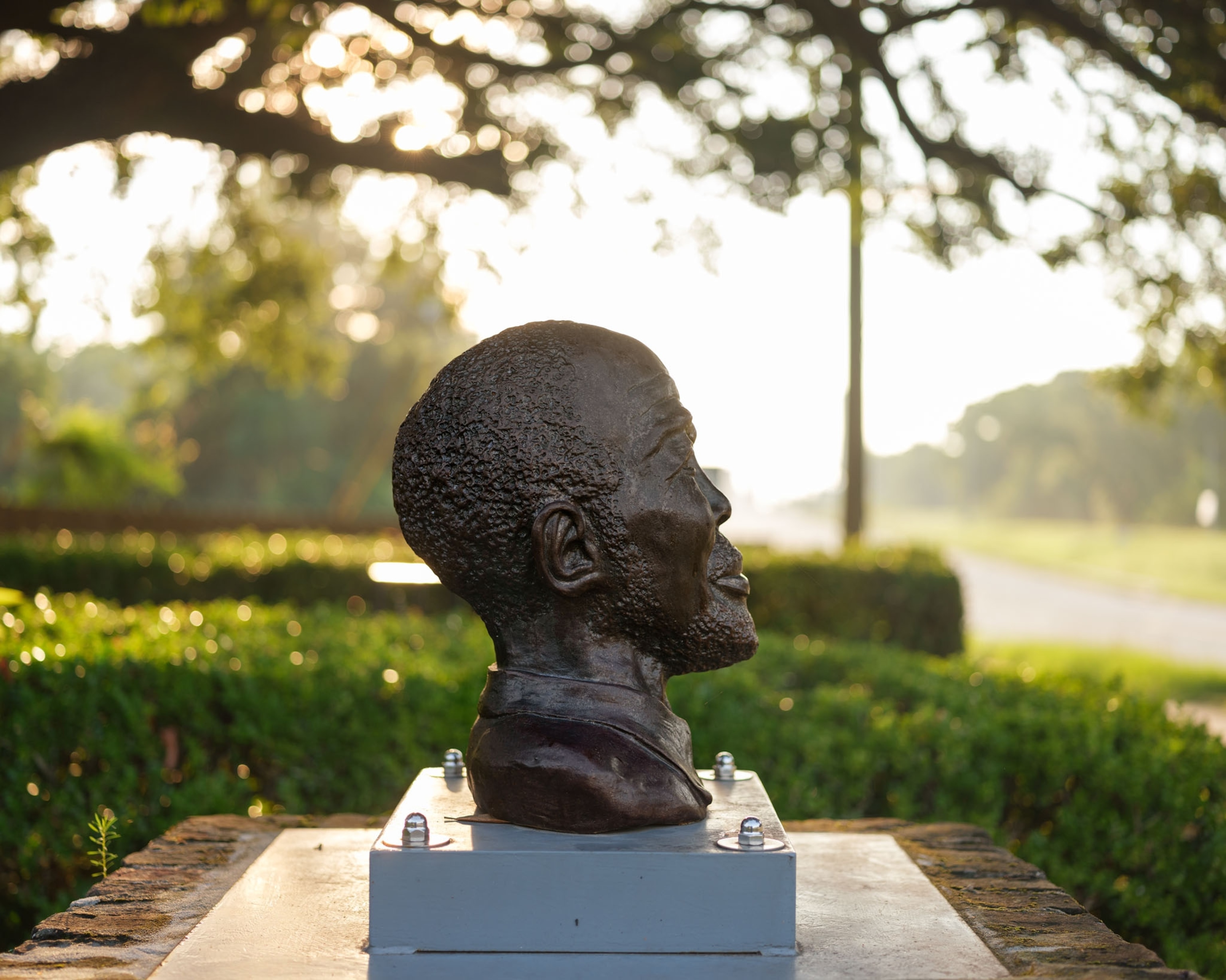 a statue of a bronze bust in a park