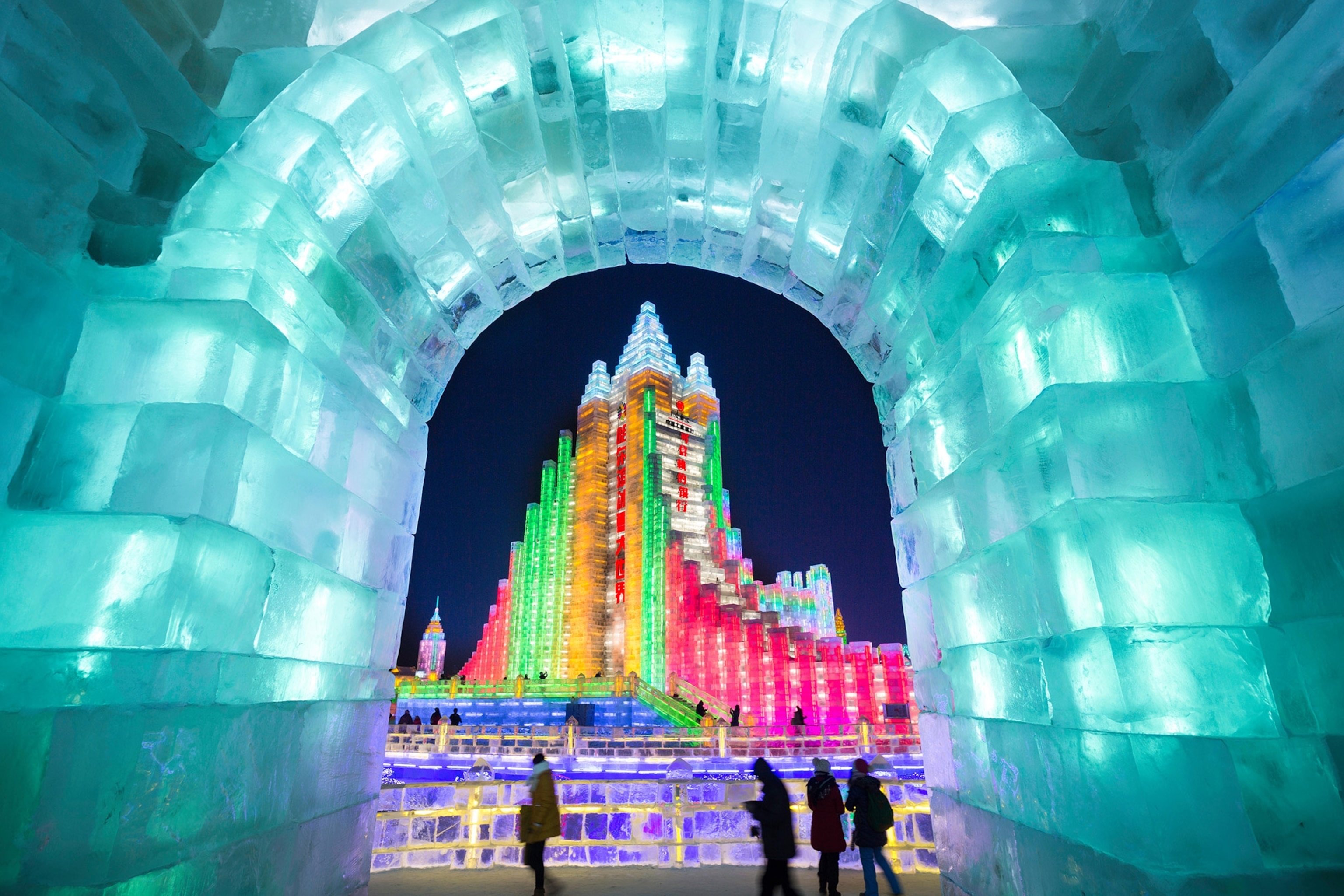 illuminated ice sculptures at the Harbin Ice and Snow Festival in China