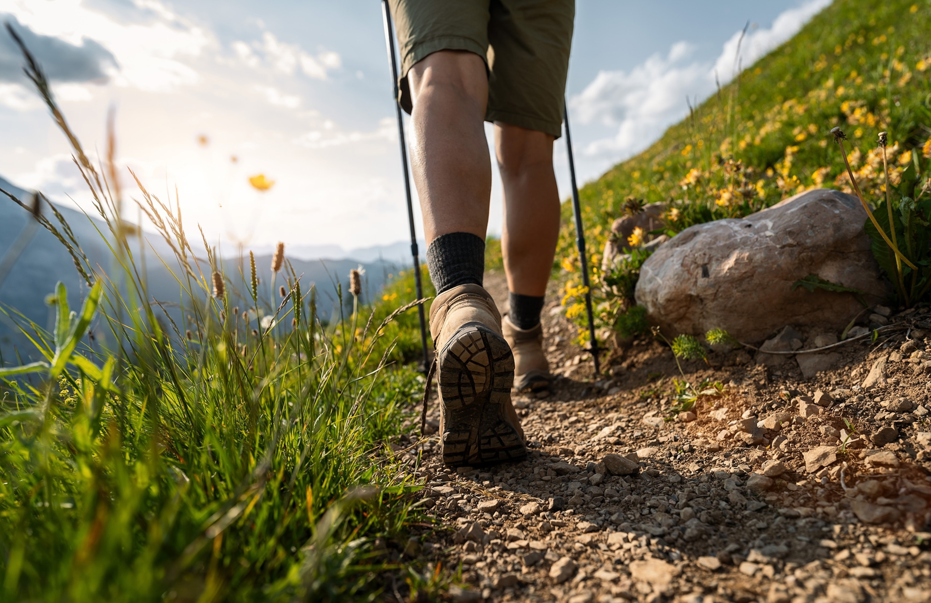 Close-up of a hiker's boots walking on a mountain trail with trekking poles and a wildflower mountain landscape.