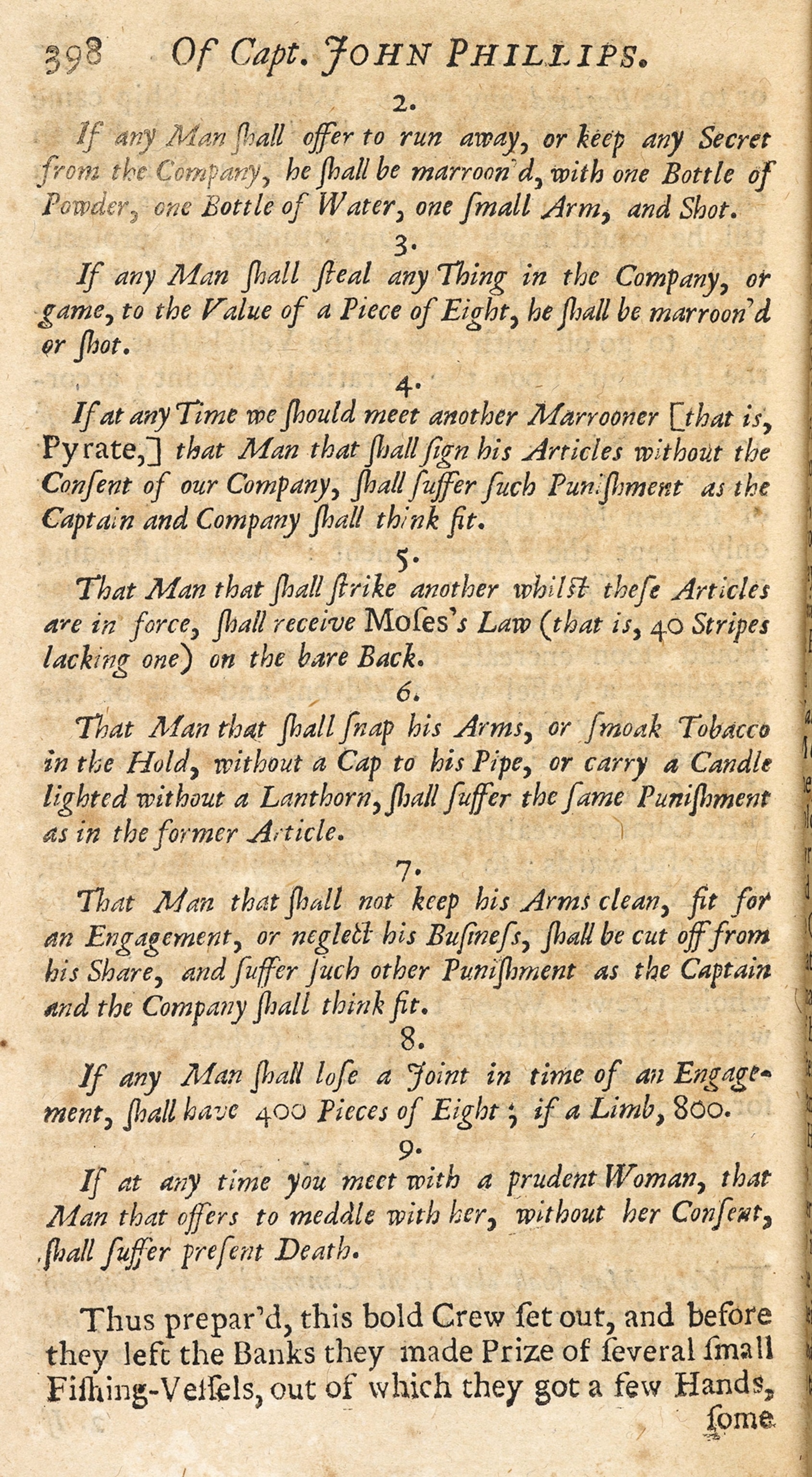 The 1724 articles of Captain John Phillips of the 'Revenge' discuss matters such as theft on board the ship and compensation for limbs lost during battle.