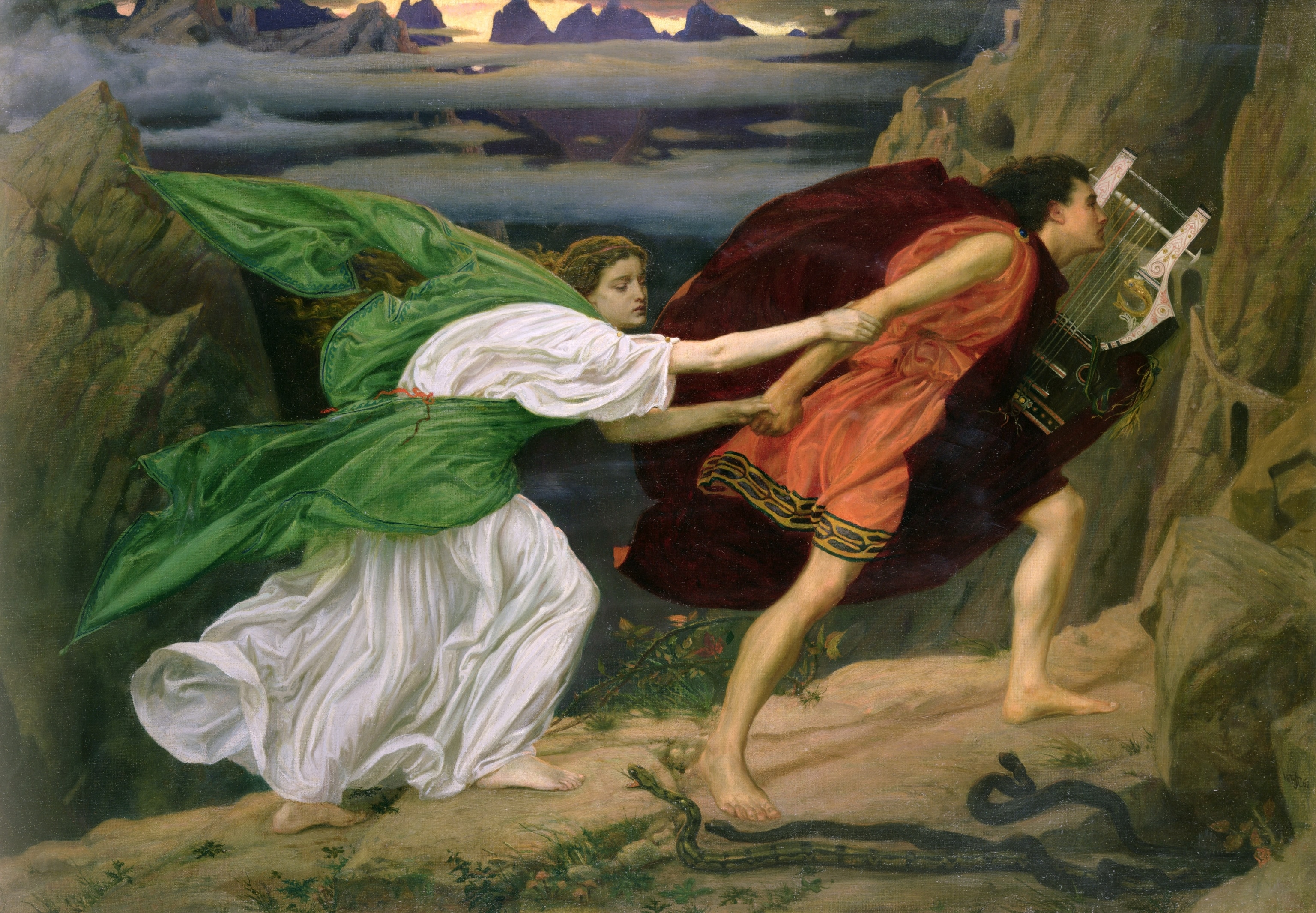 A depiction of a woman in a long gown grabbing onto the arm of a man wearing a cape and holding a lute, in a mountainous landscape.