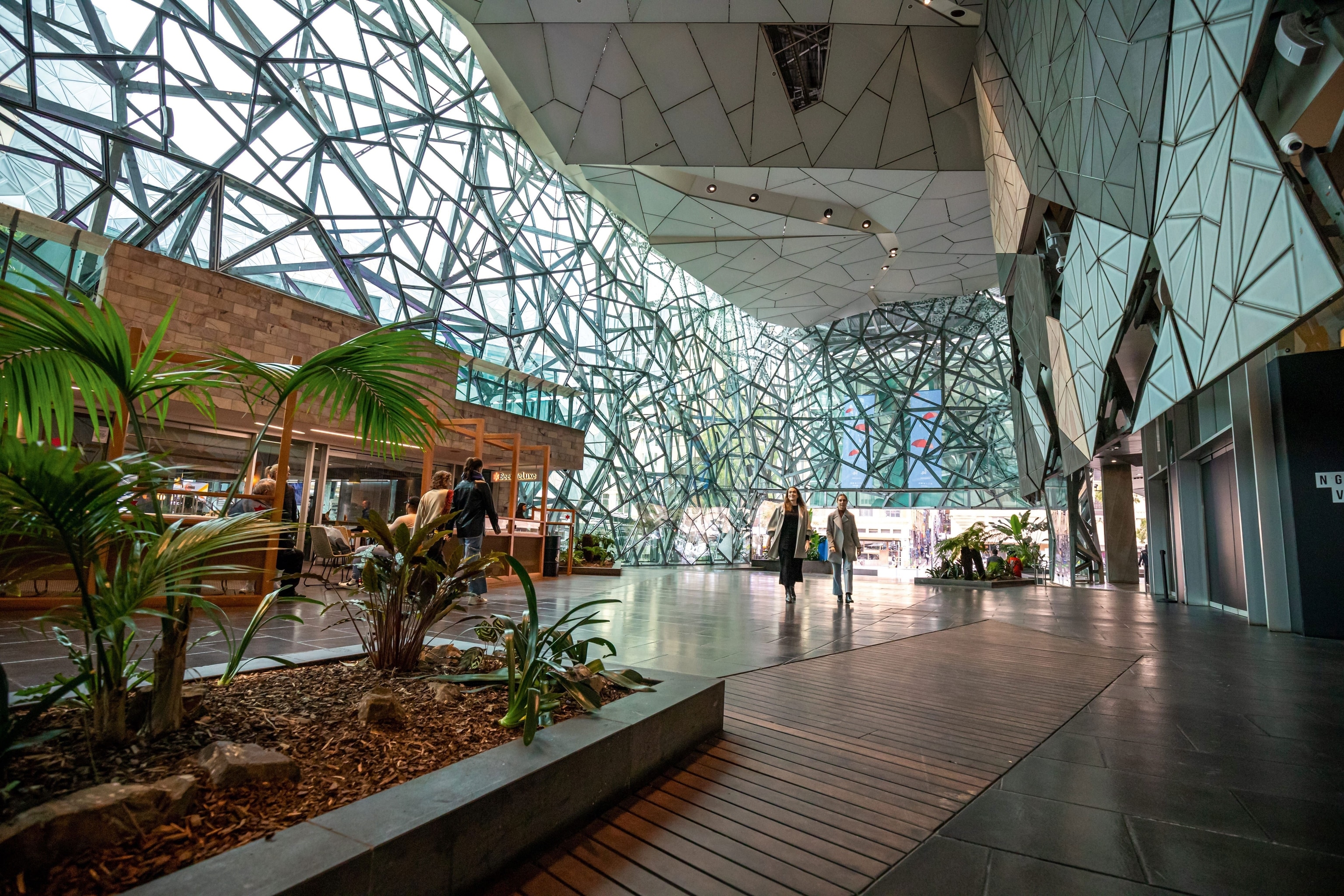 interior of gallery with diamond glass architecture