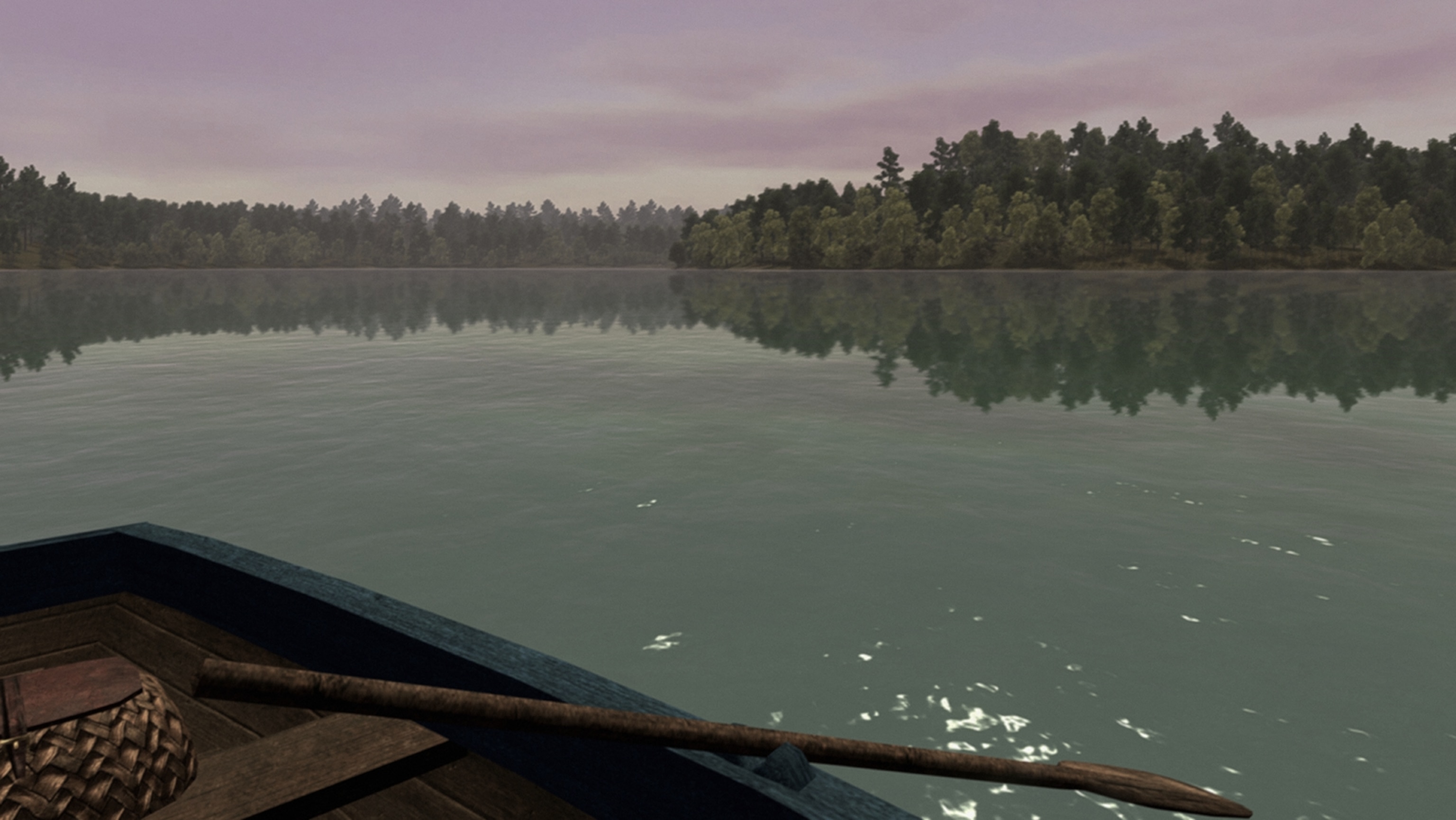 Screenshot from the Walden video game depicting the edge of a boat and Walden Pond in late summer
