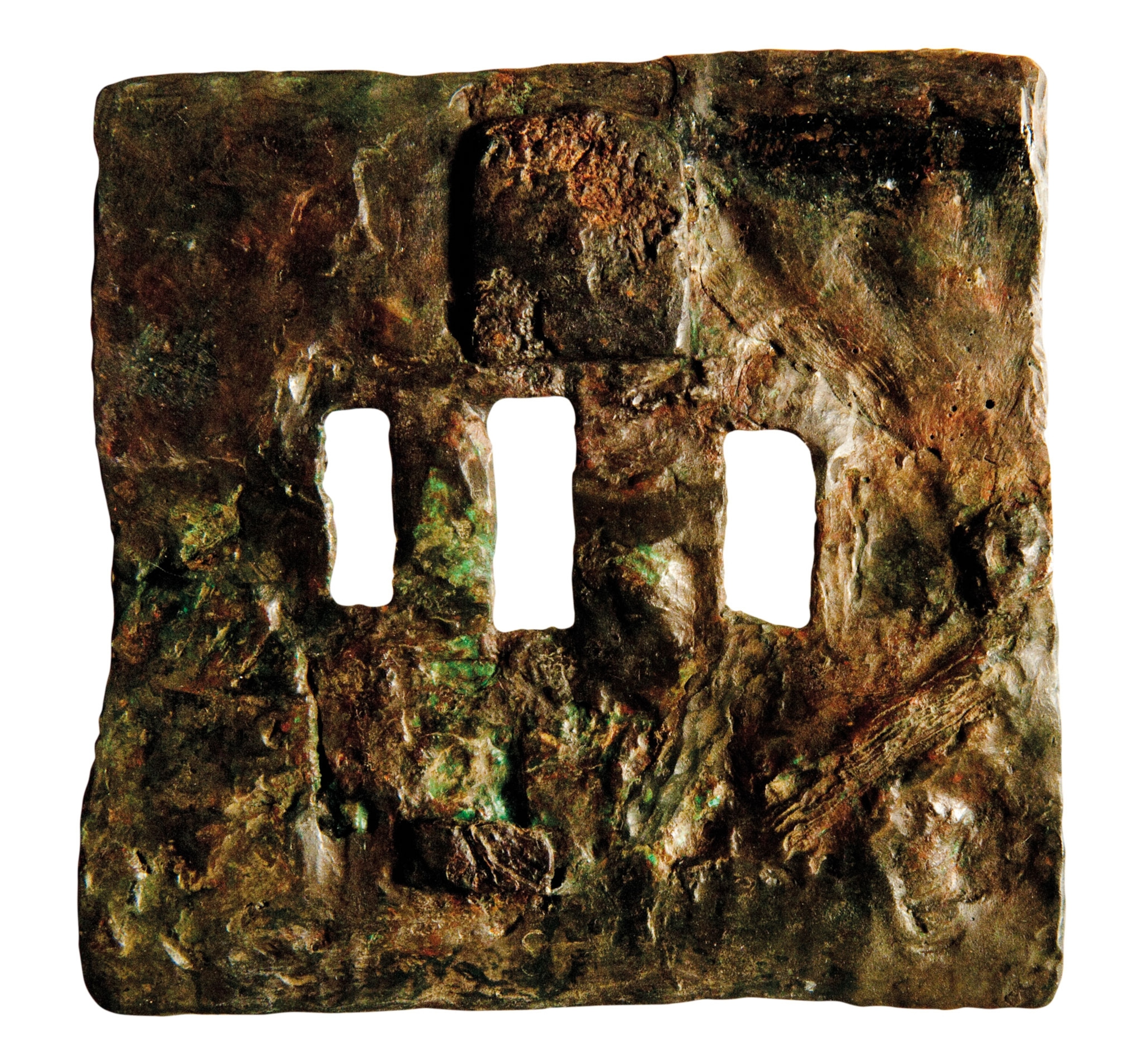 A square with three rectangles carved out in the middle