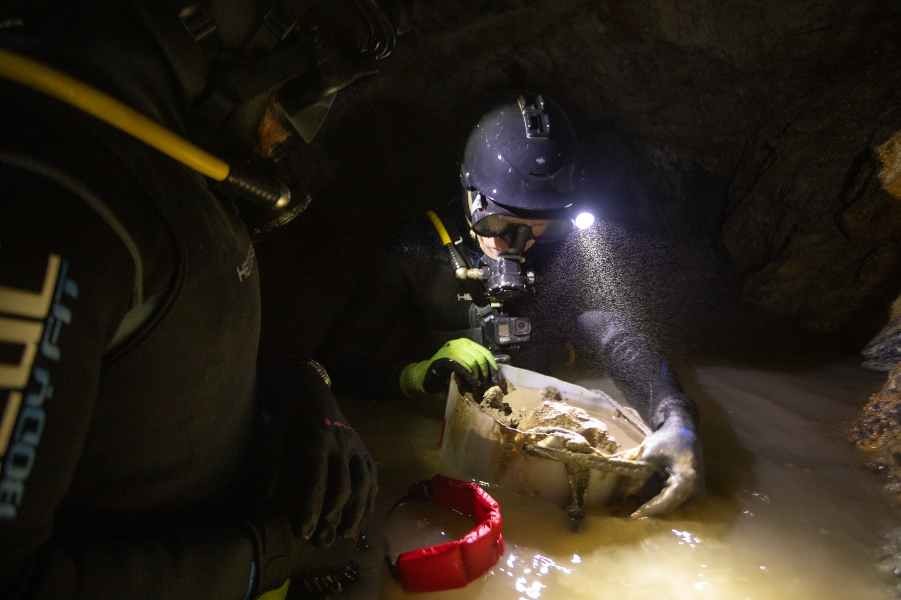 Picture of person in scuba suit looking at the artifact in his hand.