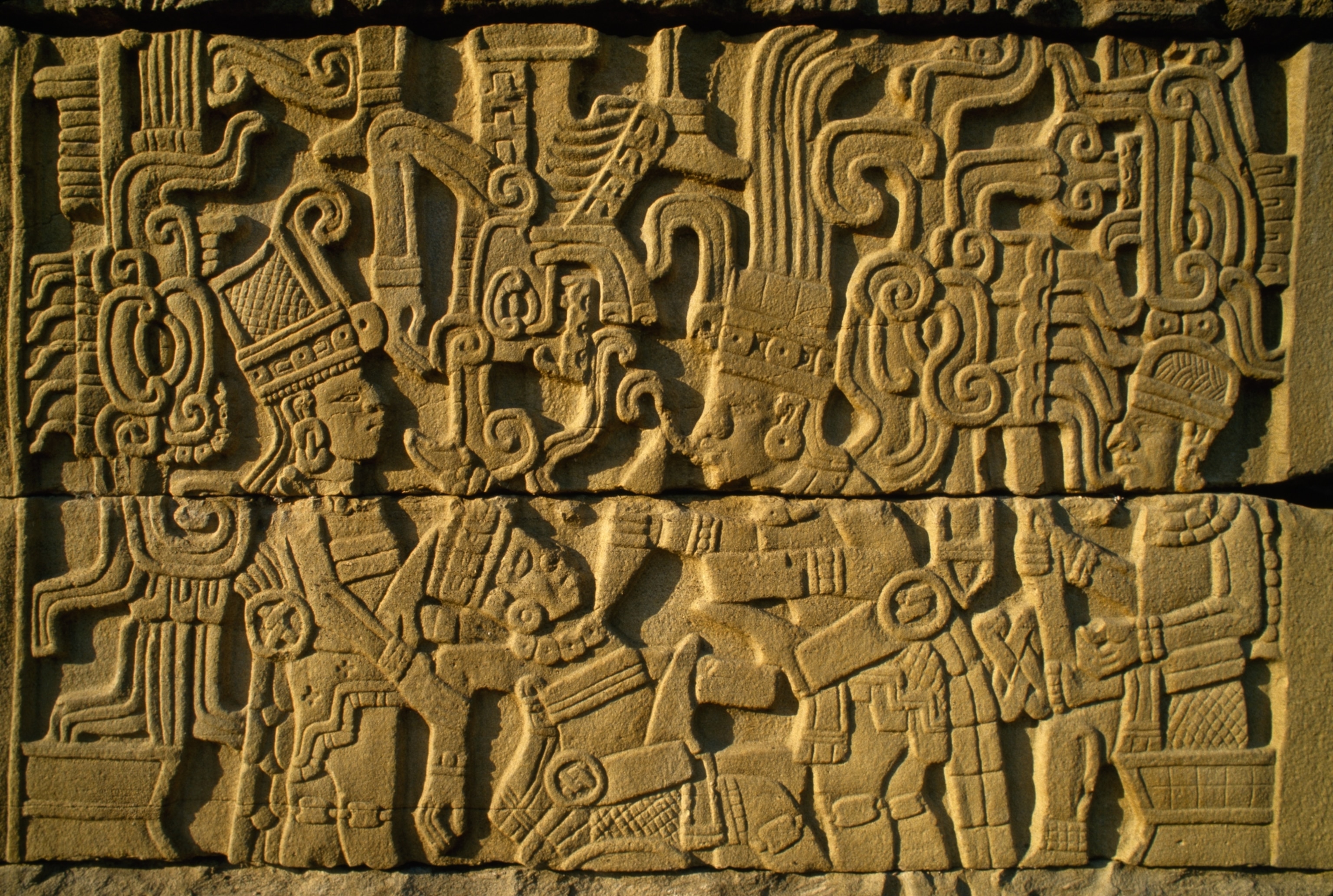 A relief carving at the El Tajin Ballcourt, Veracruz, Mexico showing human sacrifice after a ball game.
