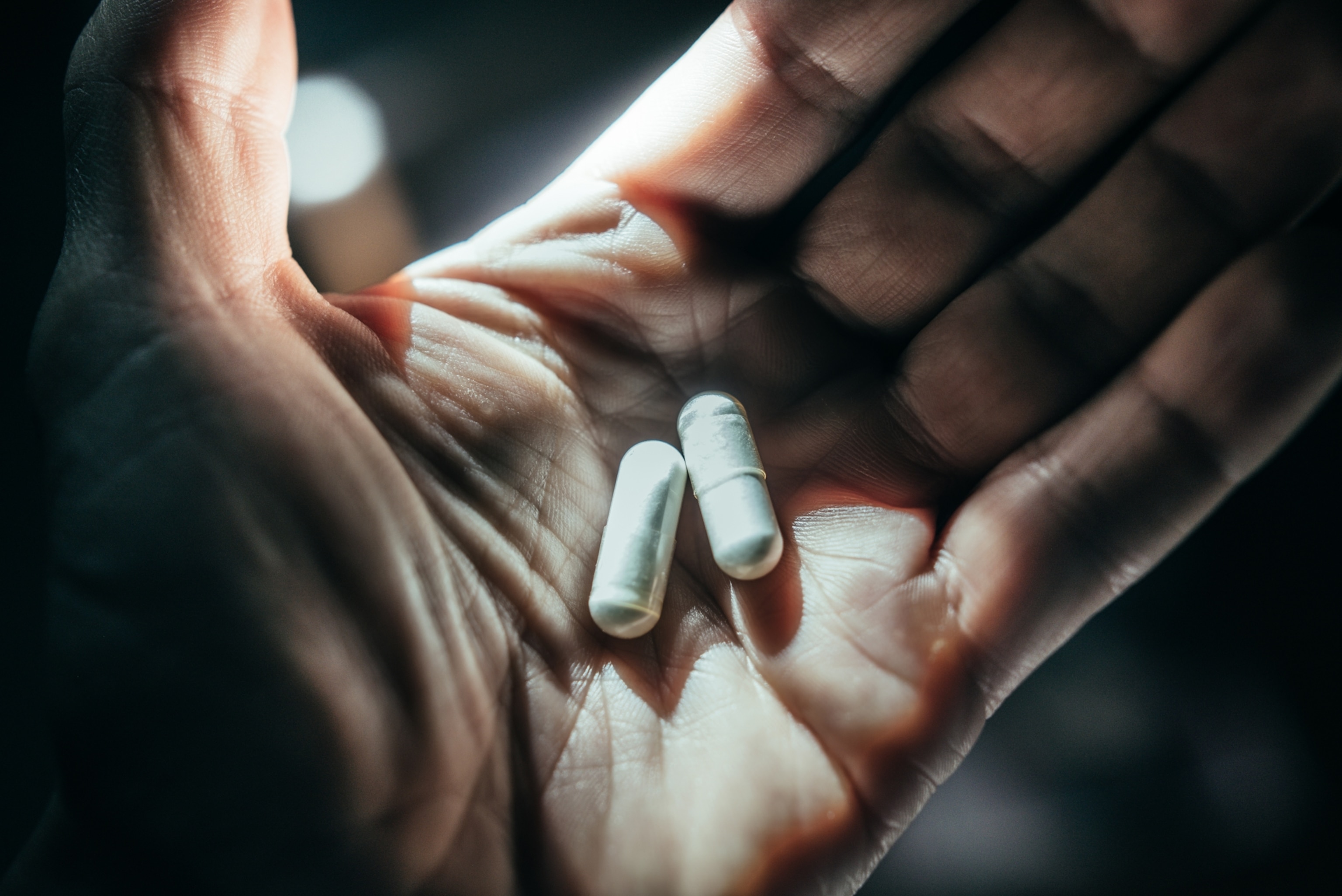 A hand in bright glowing light holding 2 white pill capsules