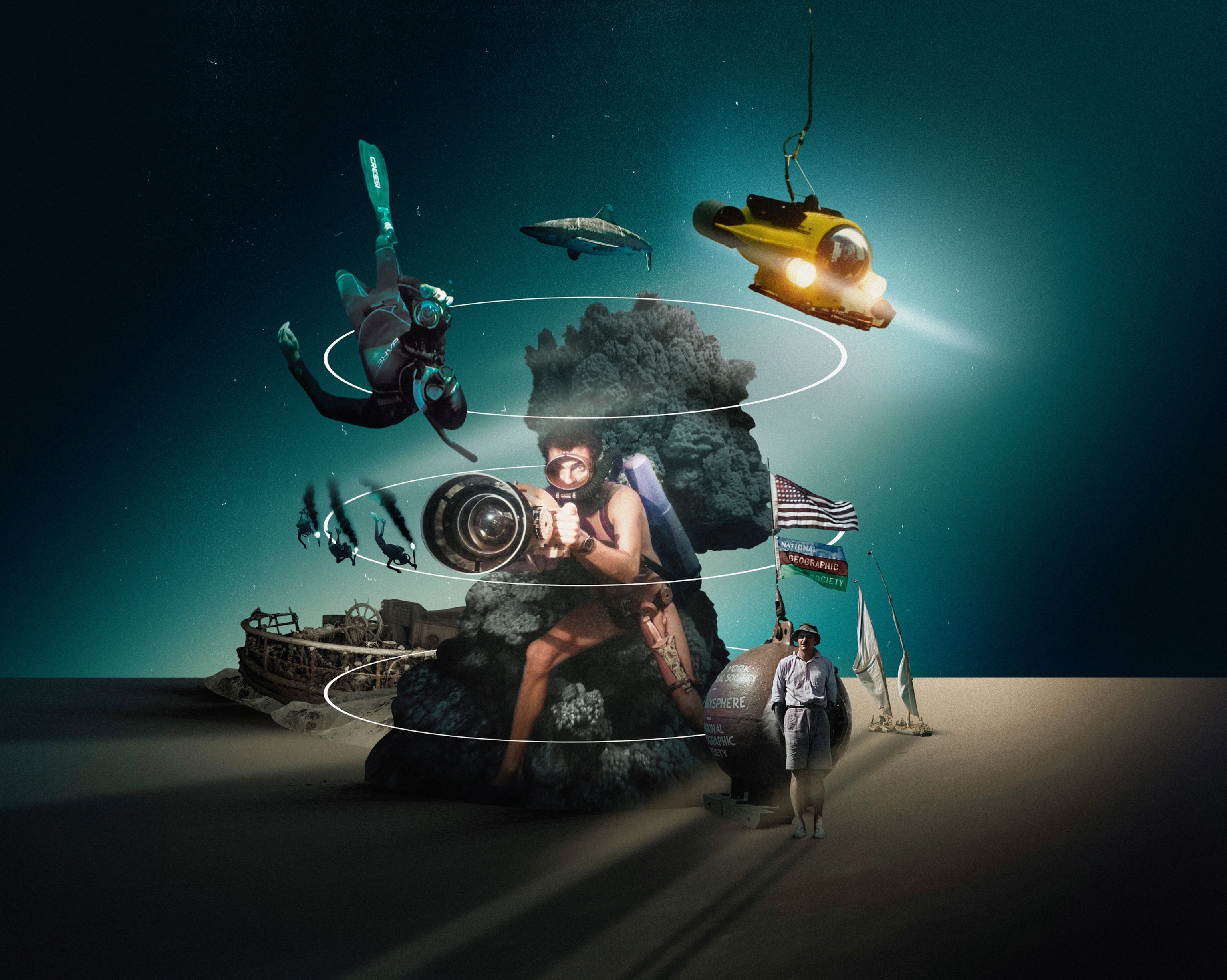 Photo collage from photos of divers, shipwreck, vessels and fish.