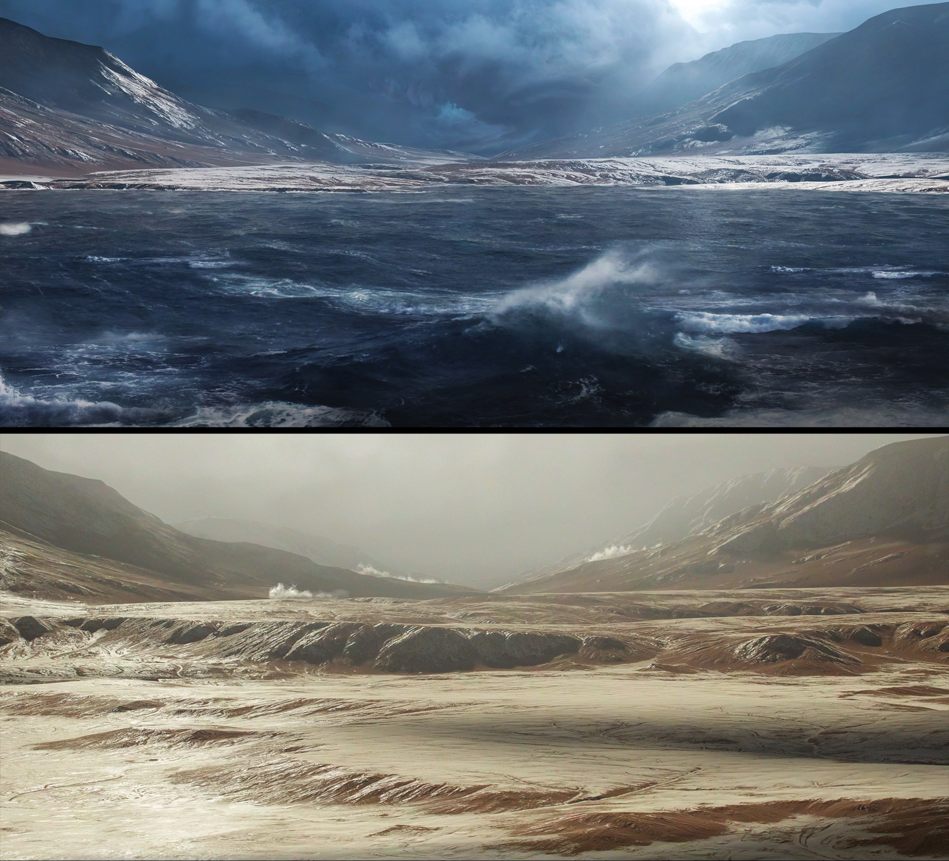 Illustrations of two views of Mars when wet, warm and cool.