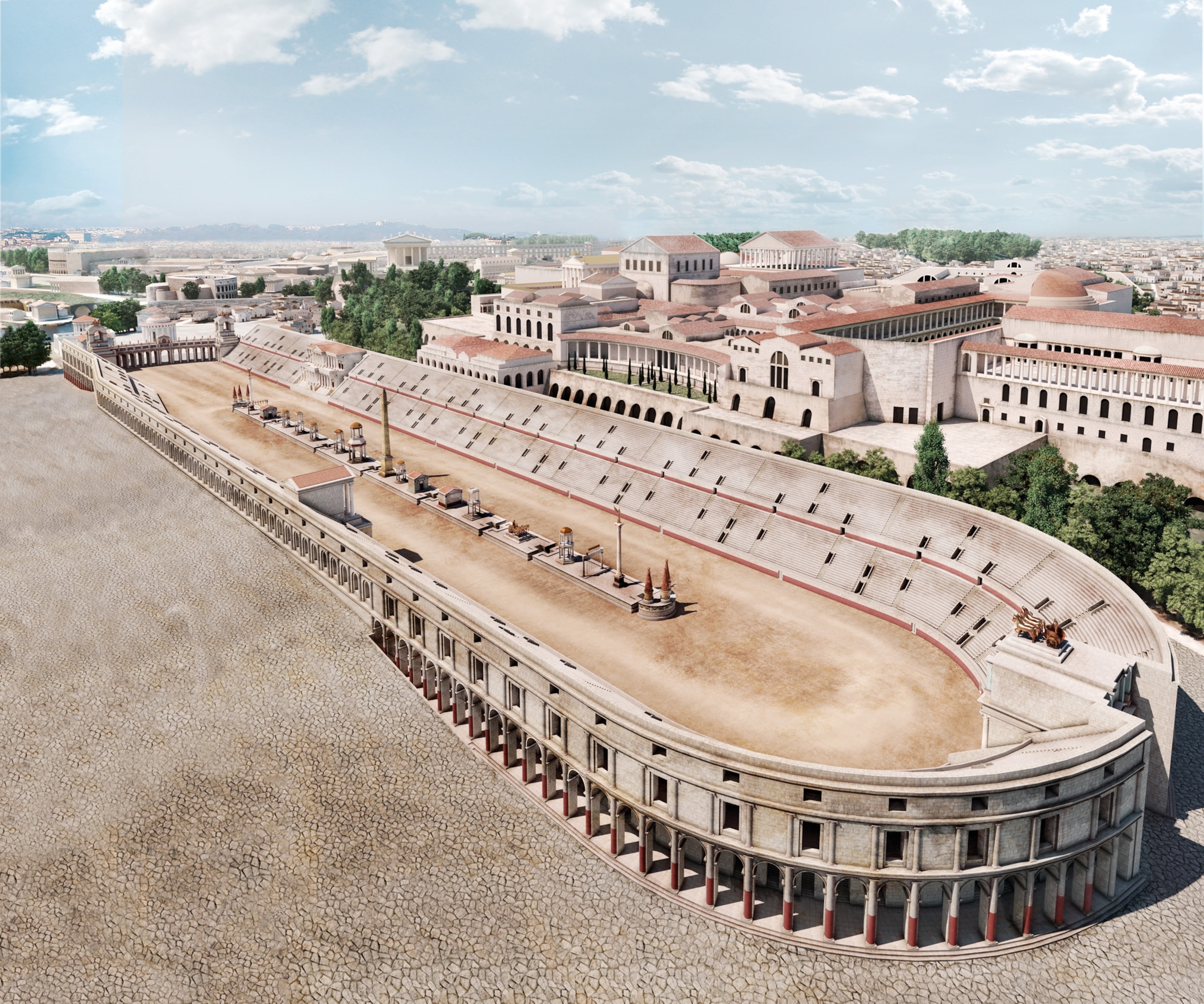 A digital drawing of a large and long stadium