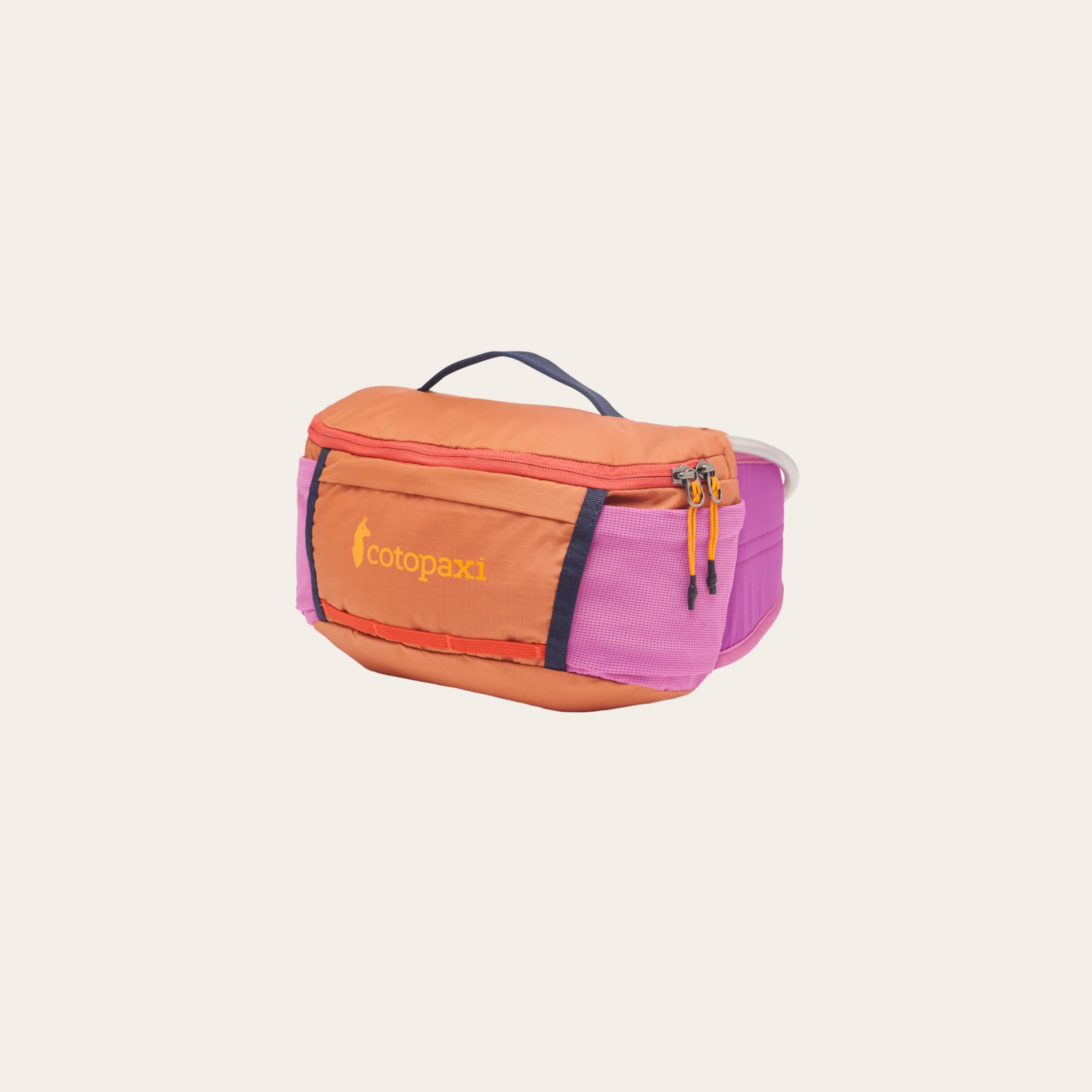 An orange and pink color blocked soft bag and black straps.