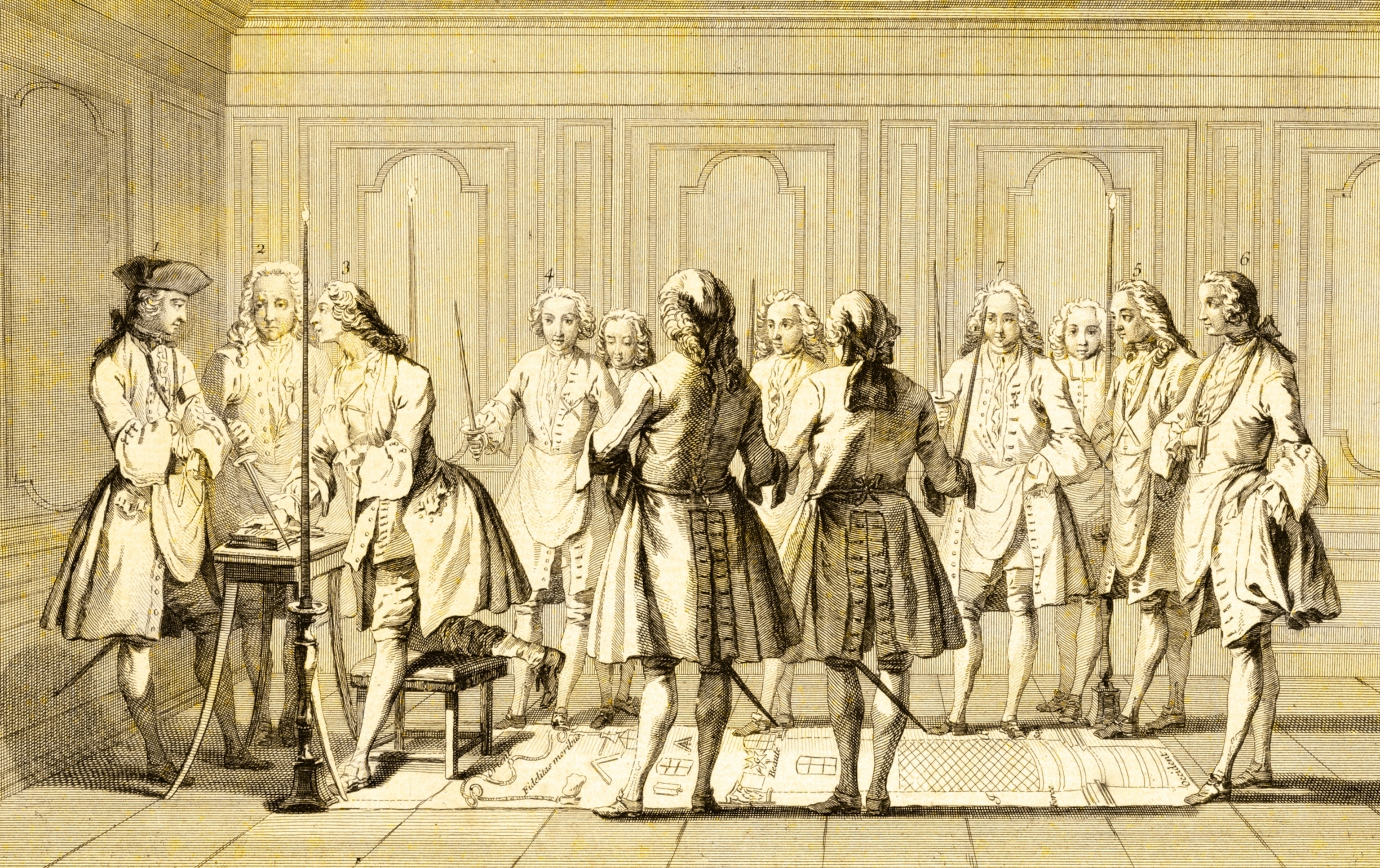 an engraving showing a meeting of Freemasons