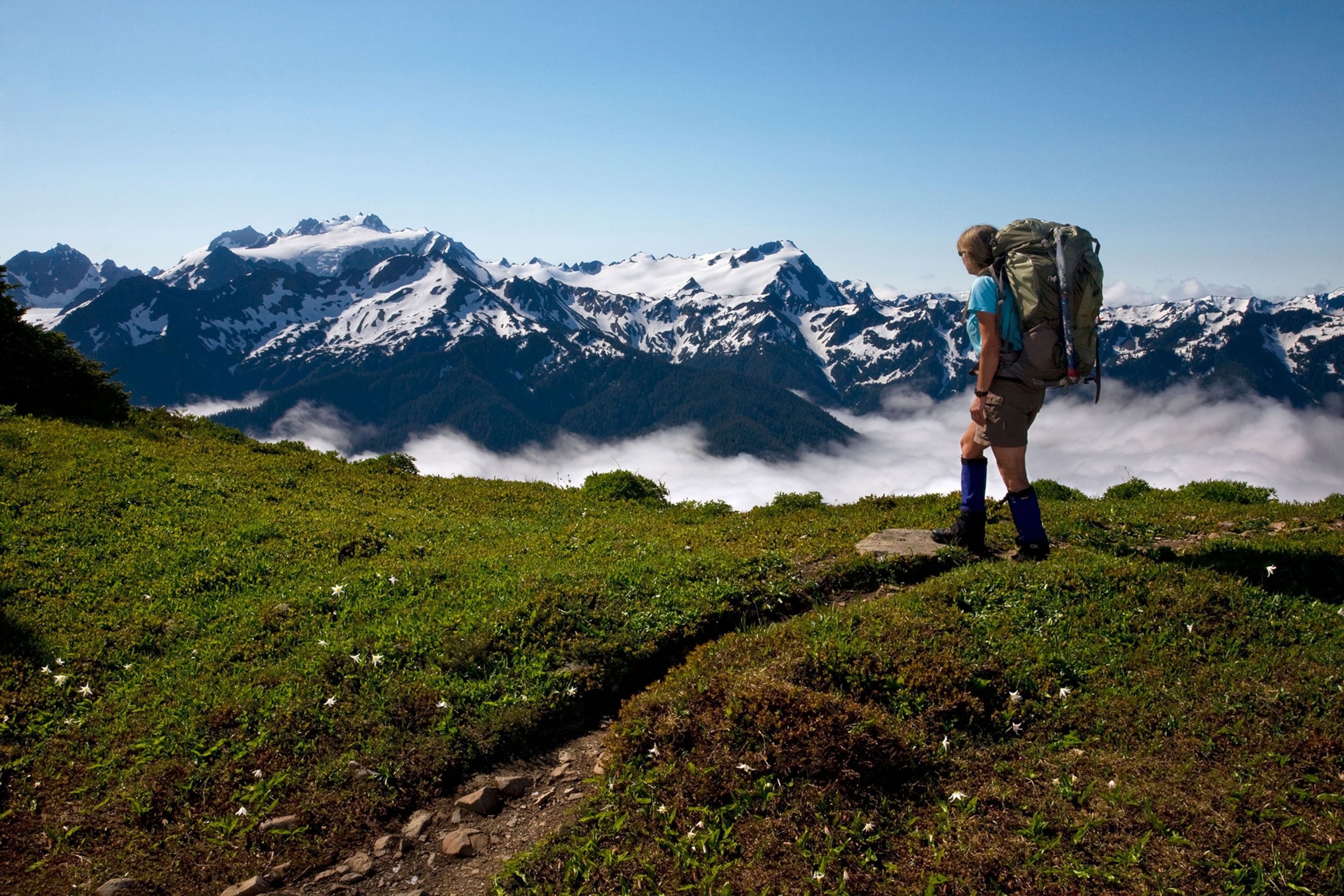 a hiker on a trail over the High Divide in Olympic National Park, Washington