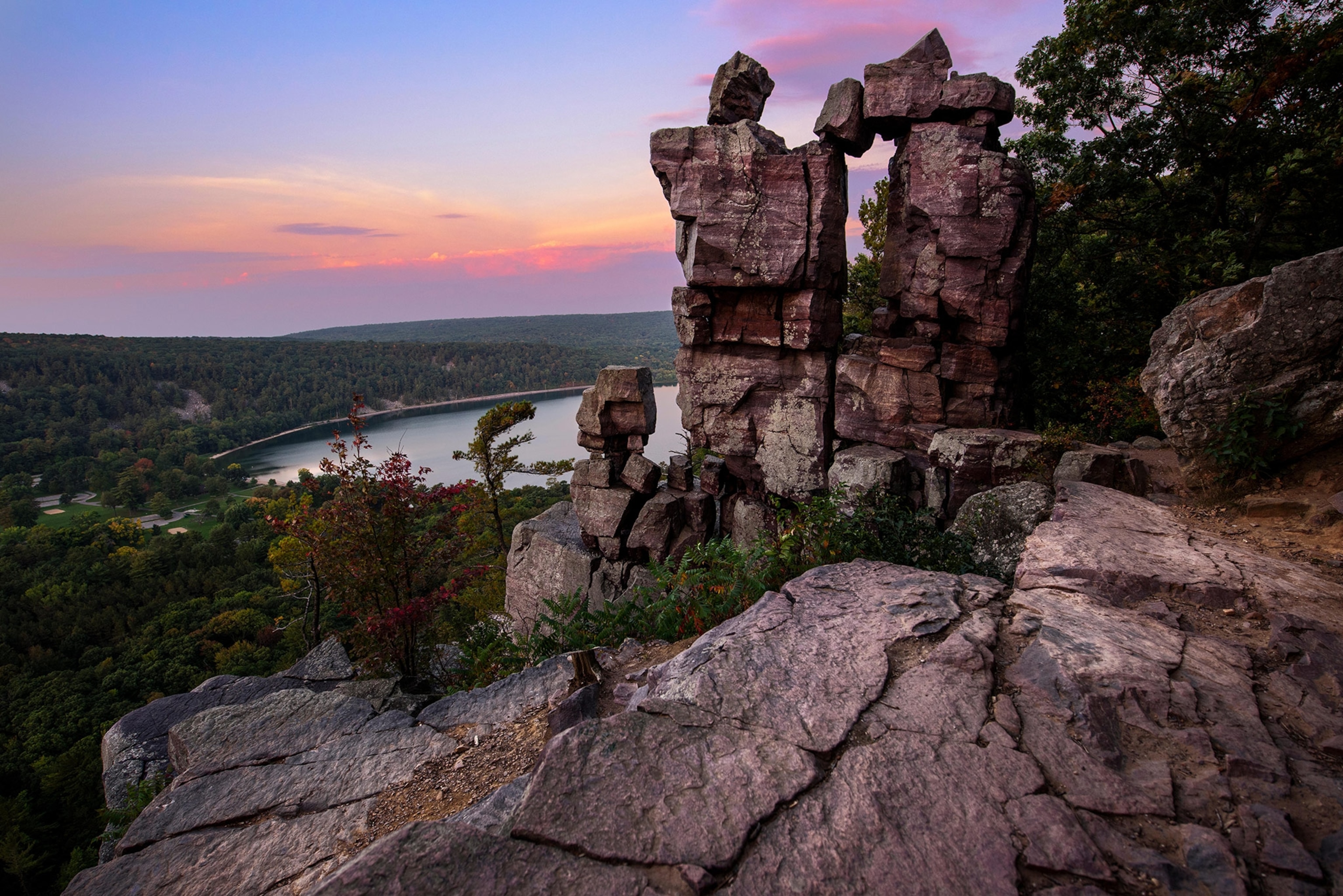 Devil's Doorway formation at sunrise at Devil's Lake State Park in Wisconsin