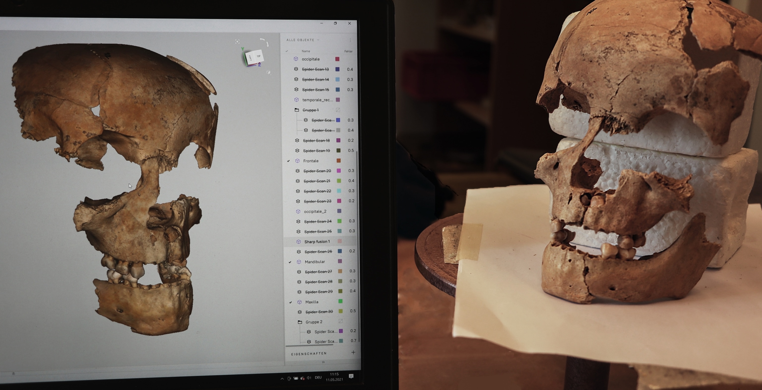 A digitized skull on a computer, with the actual artifact on the right.