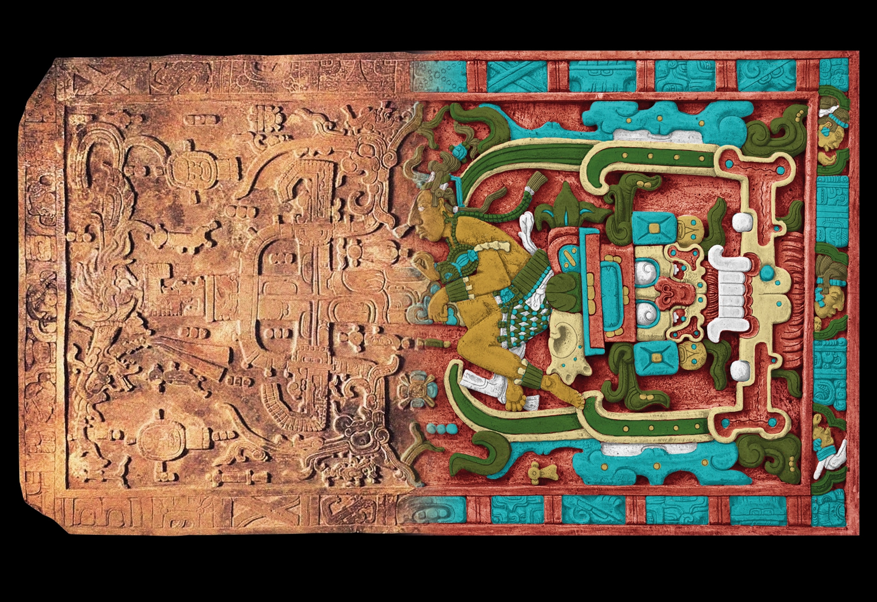 The sarcophagus lid features a rendering of the possible colors used when it was created in the seventh century for Pakal's tomb.