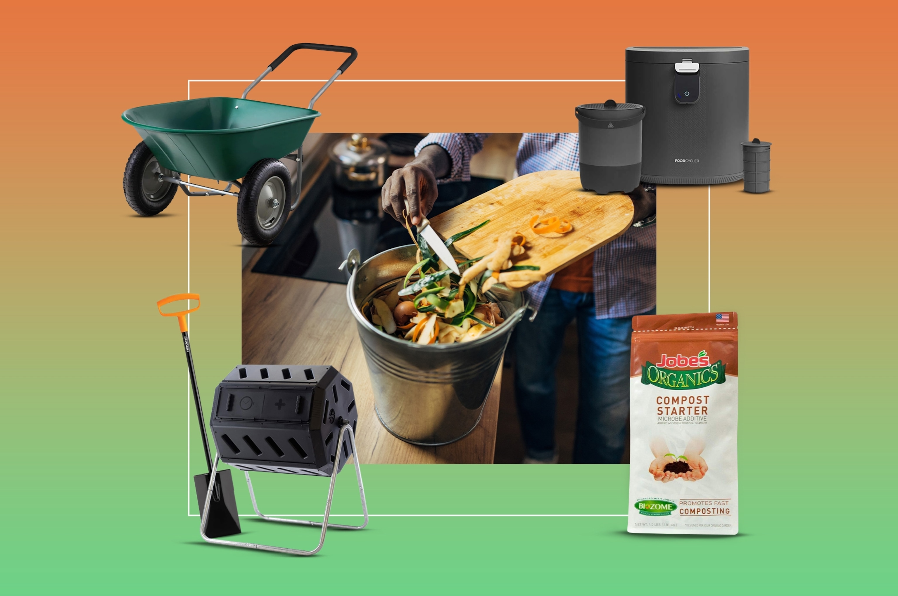 A person composts at home.