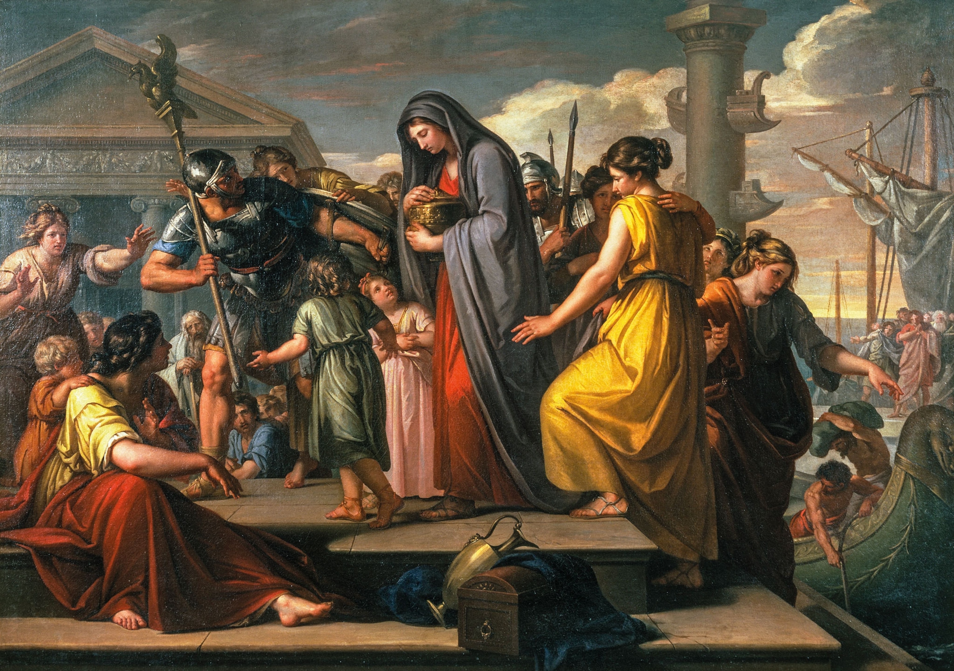 A woman stands holding a golden pot surrounded by people
