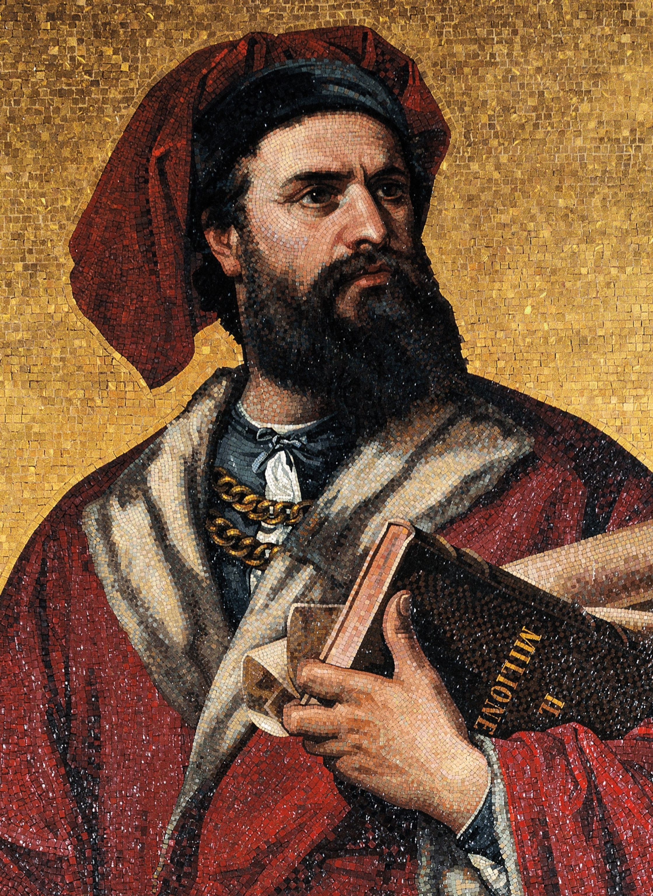 Marco Polo carrying his book the Travels of Marco Polo