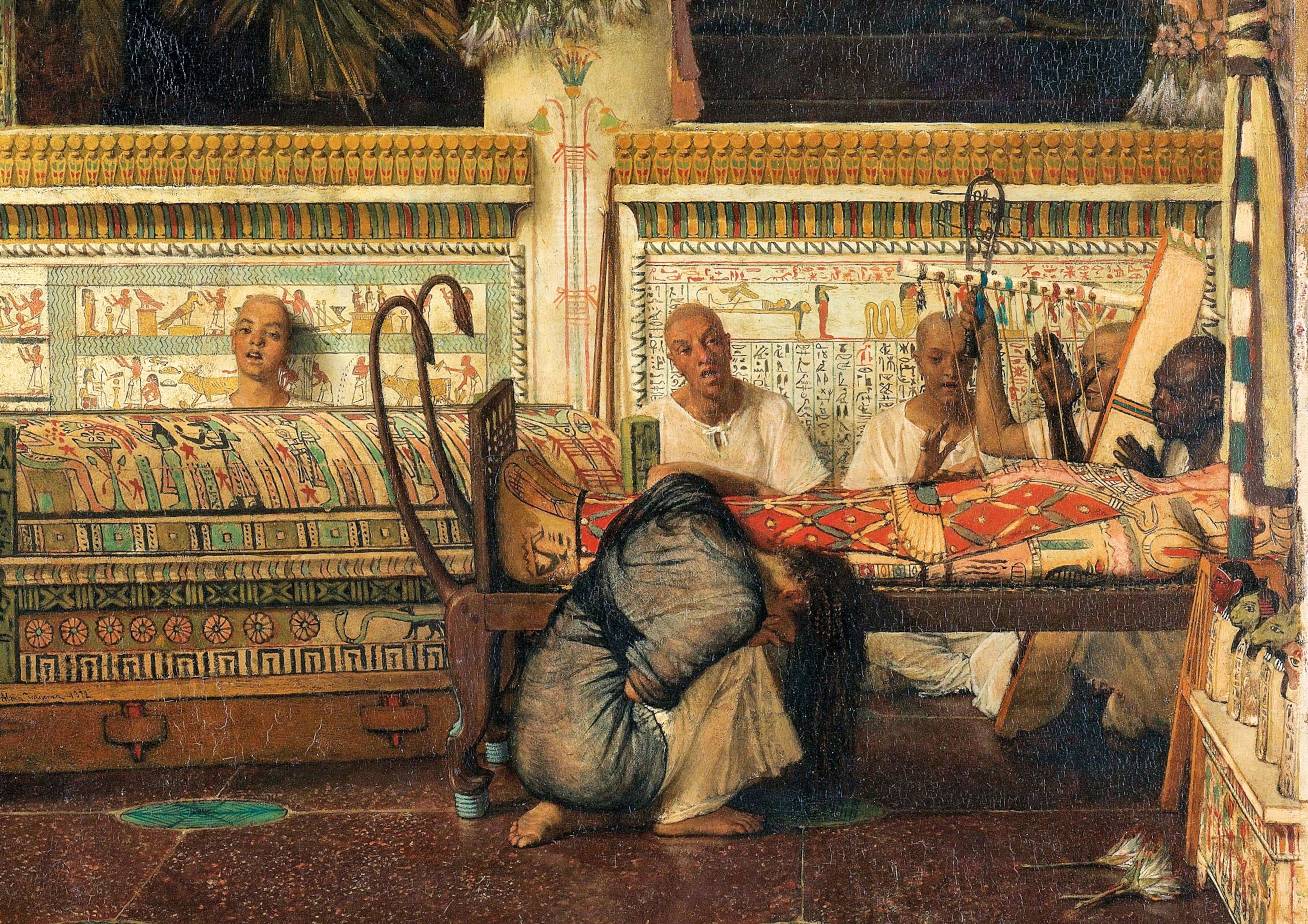 an Egyptian widow mourns her mummified husband in this work by Lawrence Alma-Tadema