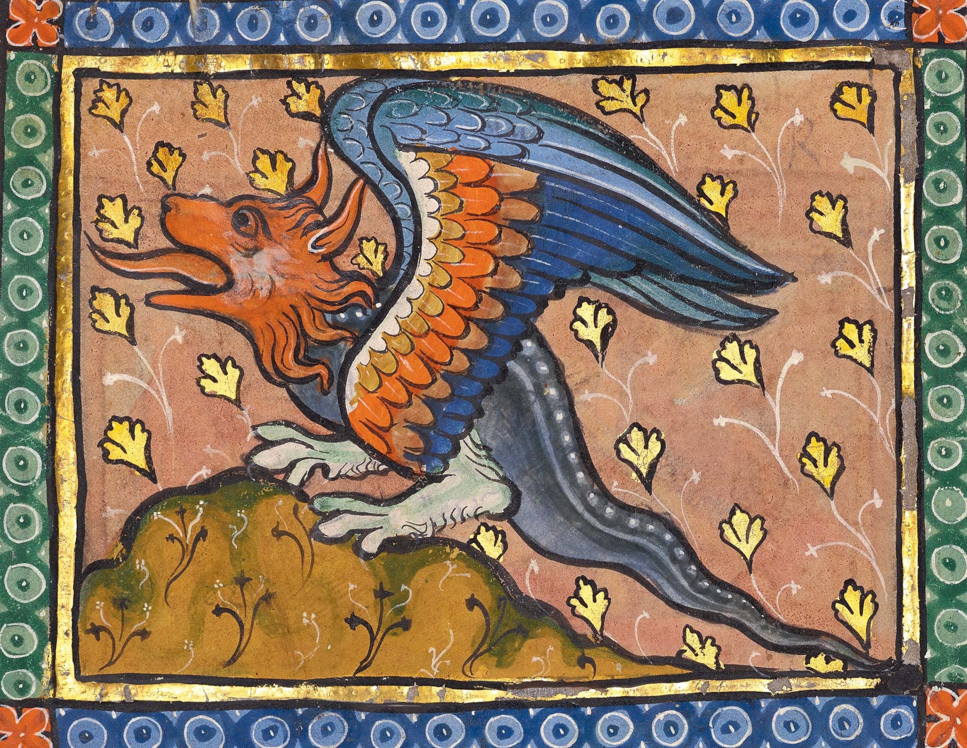 This miniature shows a ferocious dragon with feathered, birdlike wings, a mane, and a serpentine tongue
