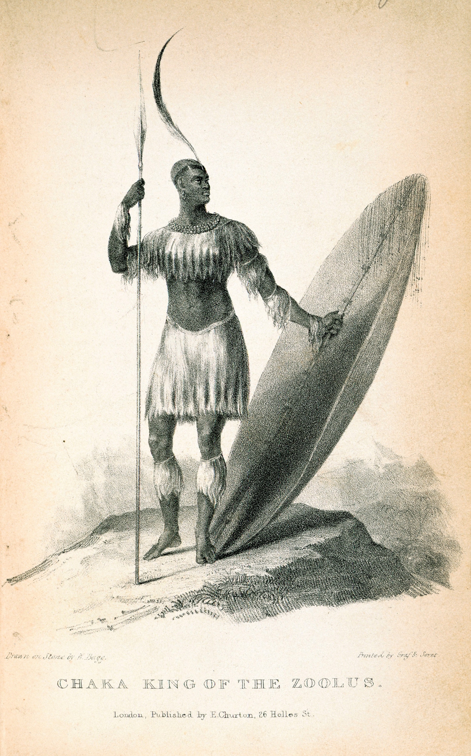 Shaka Zulu is shown in a 19th-century European illustration.