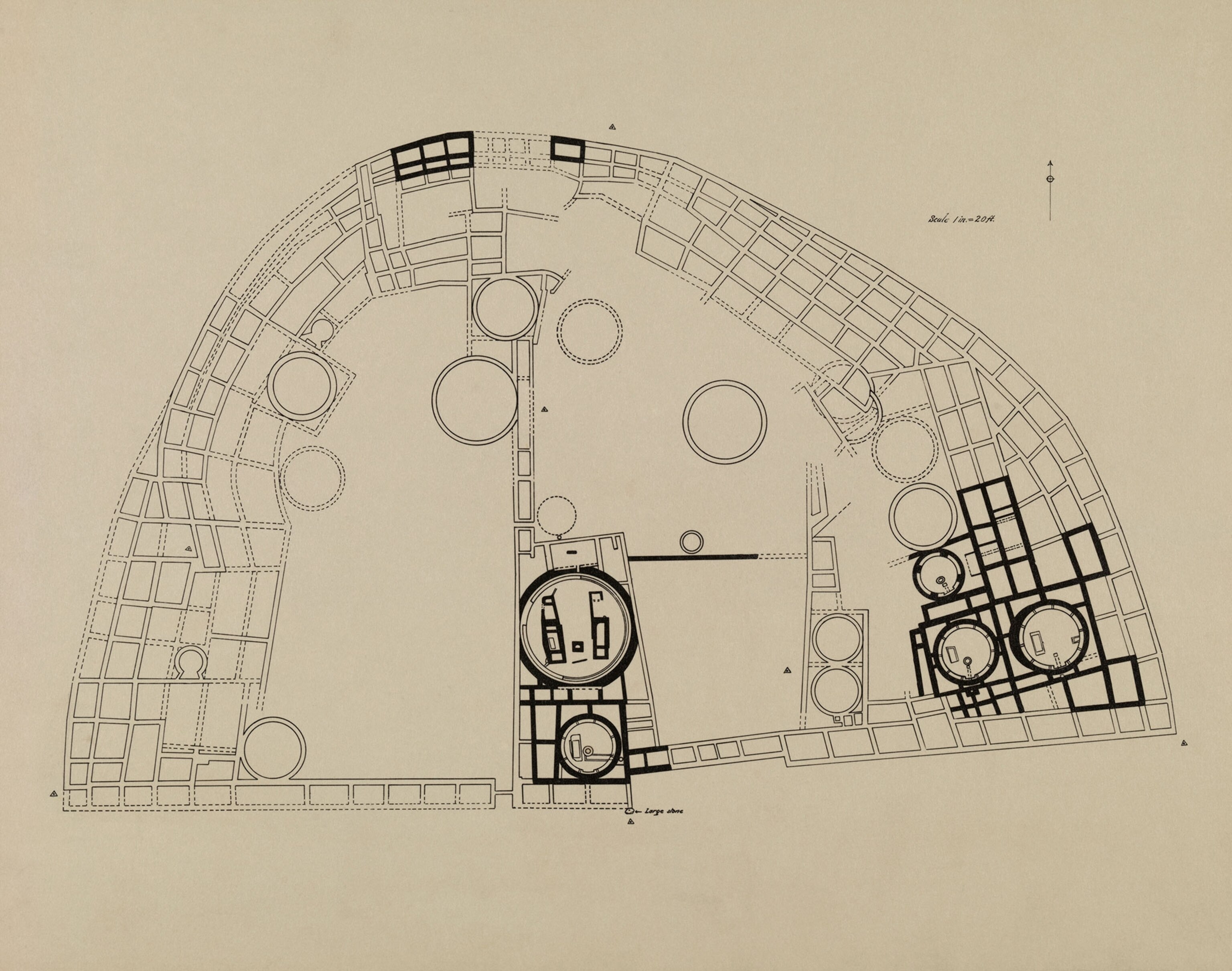 a diagram of Pueblo Bonito, outlining the expedition's excavations.