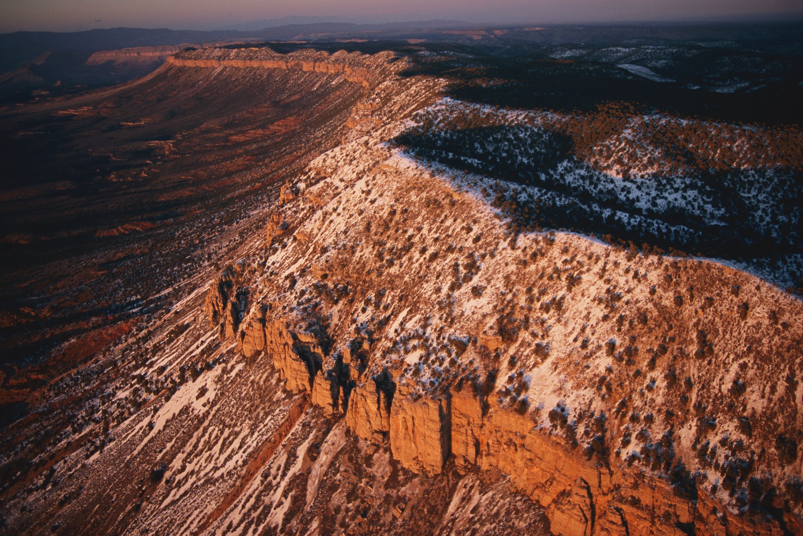 Aerial view of the ridge line of the Grand Wash Cliffs at twilight in the Grand Canyon-Parashant National Monument, Arizona